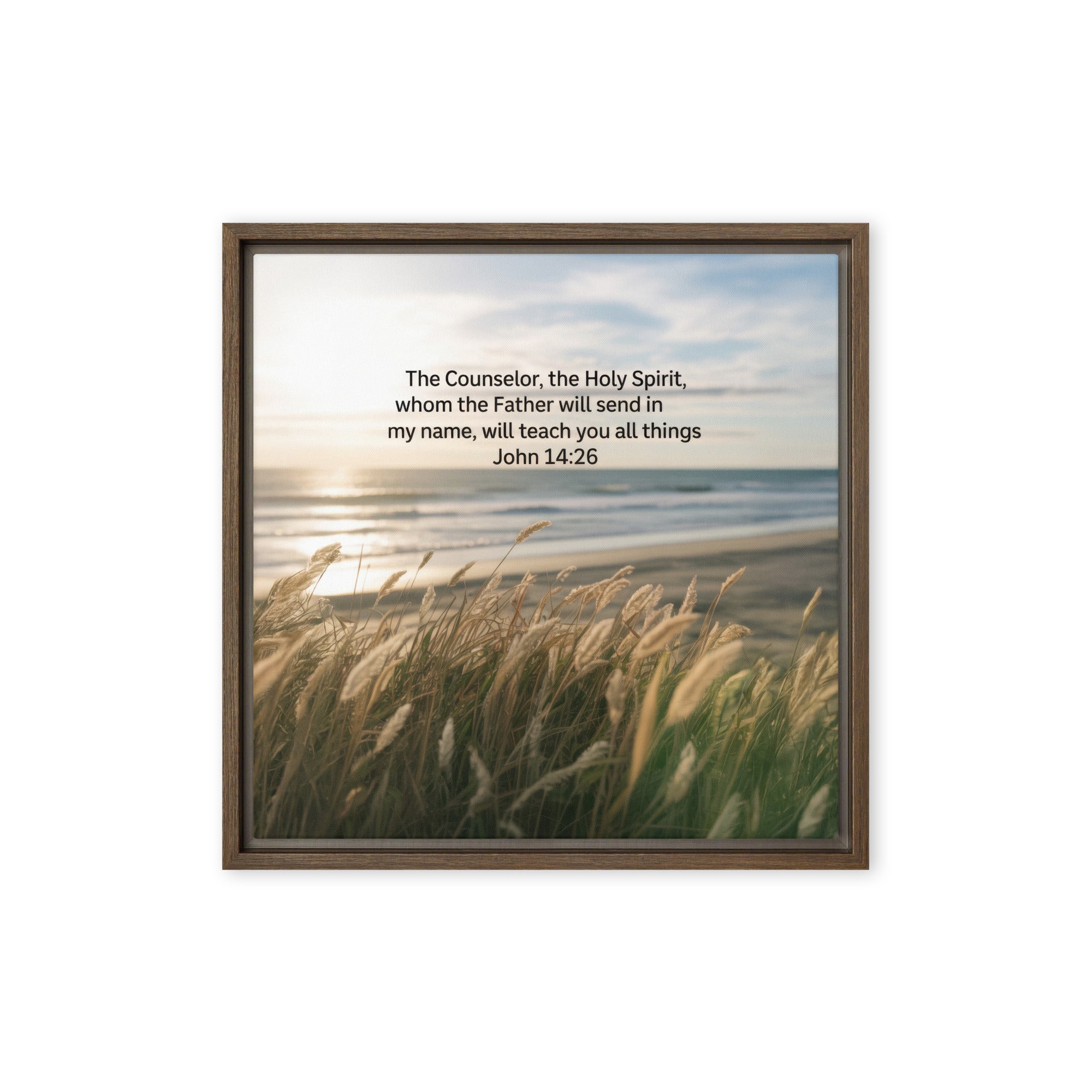 John 14:26 Bible Verse in my name Framed Canvas Brown 16″×16″