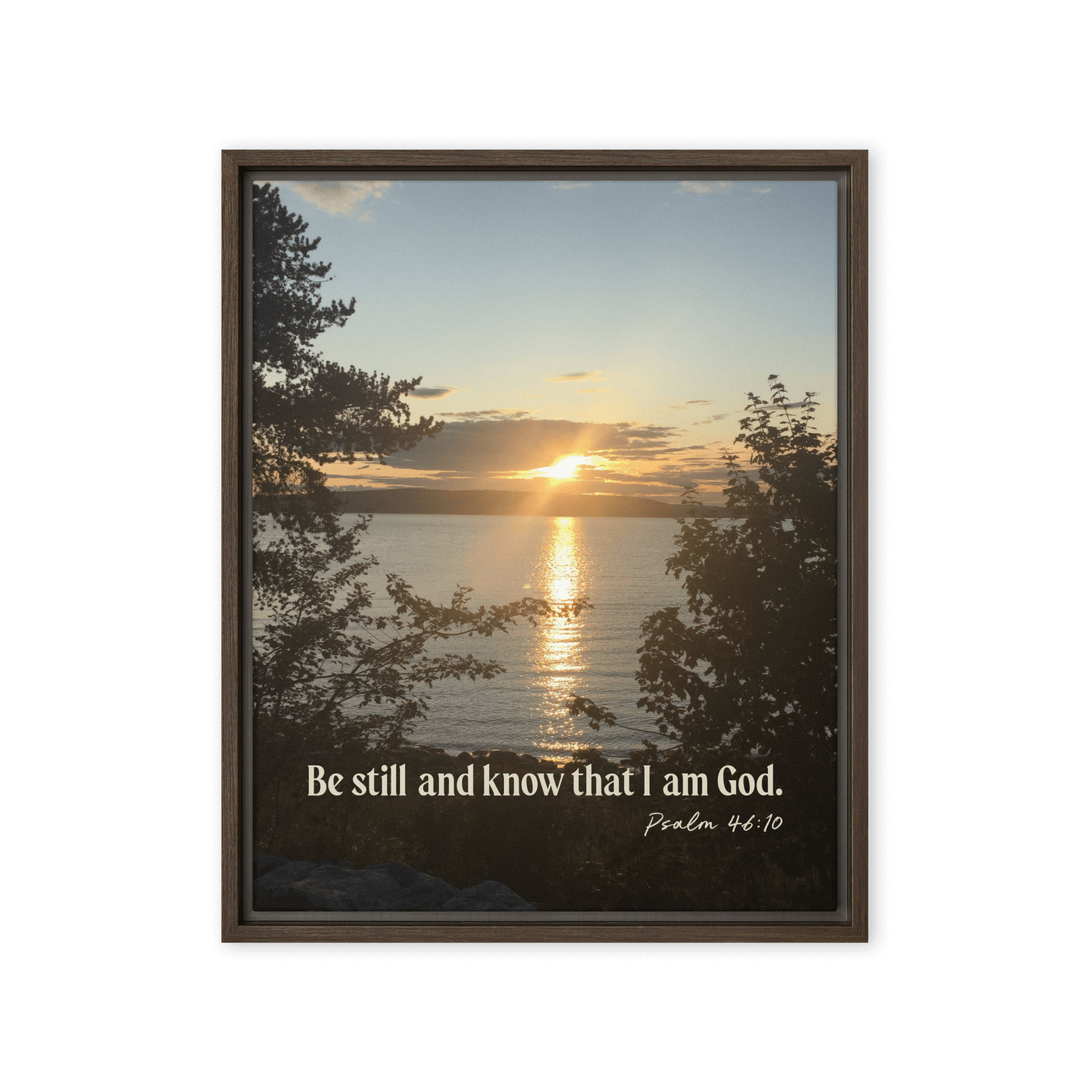 Psalm 46:10 Bible Verse, Sunset Glory Framed Canvas Print Wall Art Brown 16″×20″