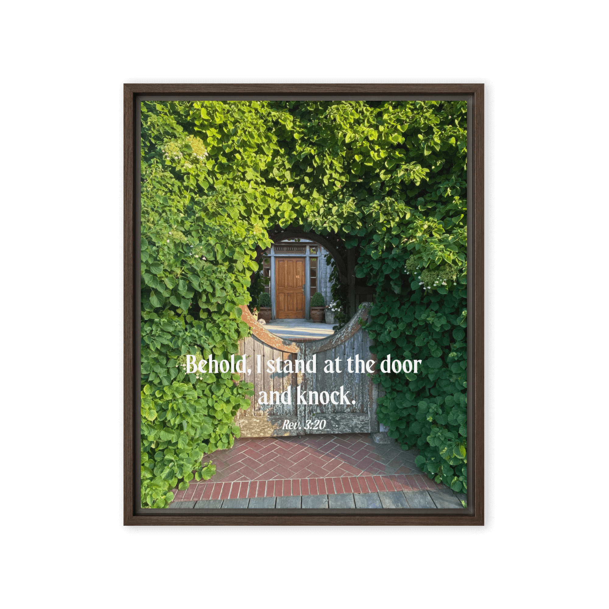 Revelation 3:20 Bible Verse, Garden Doorway Framed Canvas Print Wall Art Brown 16″×20″