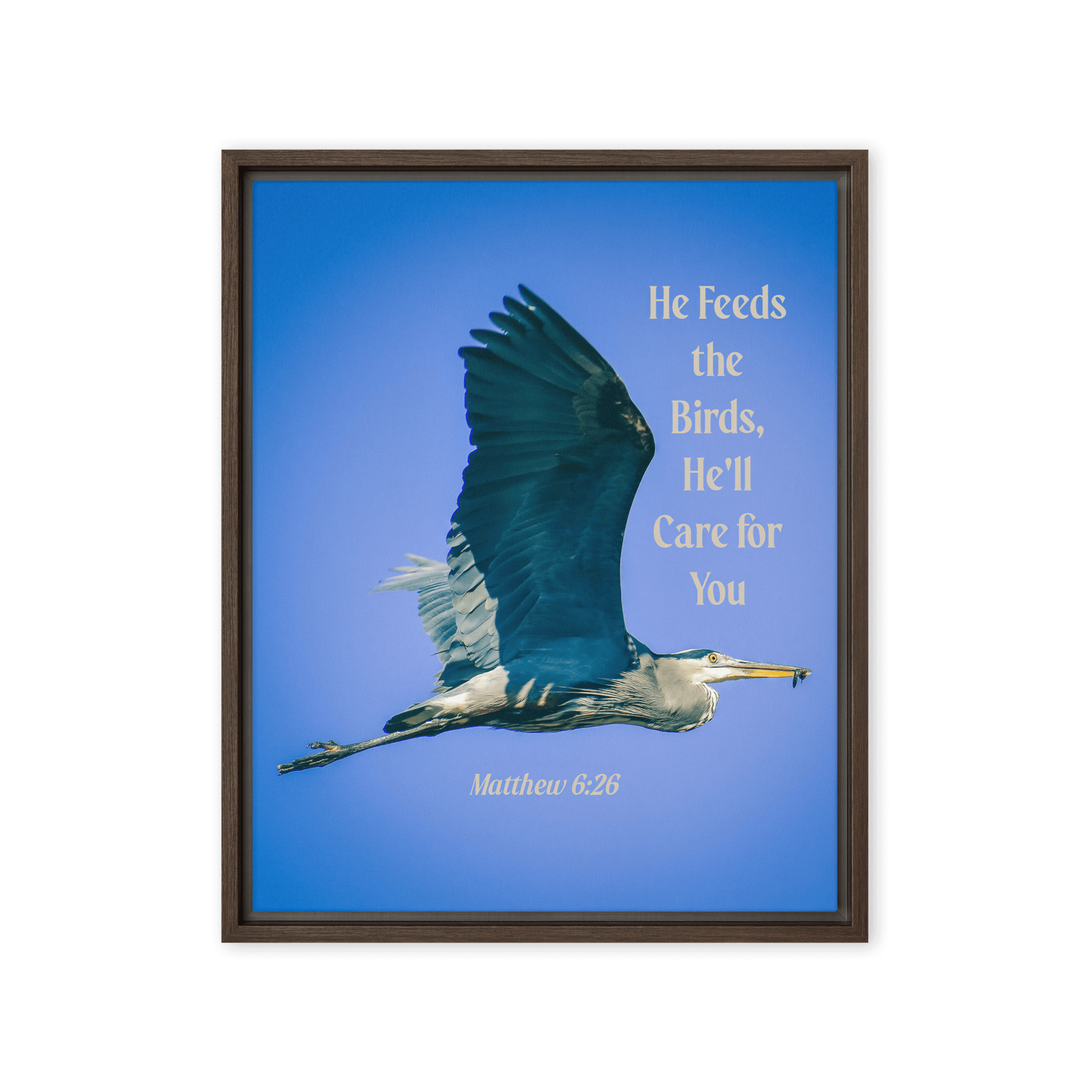 Matthew 6:26 Graceful Heron, He'll Care for You Framed Canvas Print Wall Art Brown 16″×20″