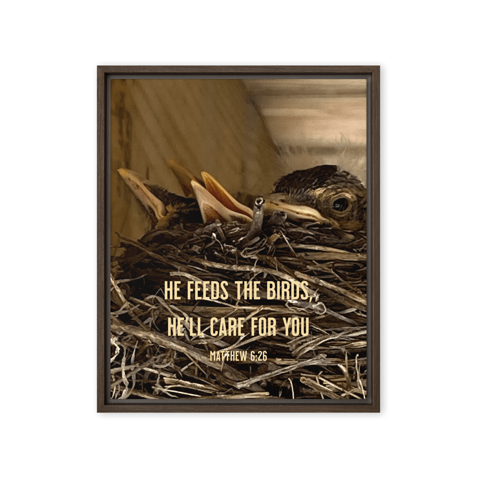 Matthew 6:26 Baby Robins, He'll Care for You Framed Canvas Print Wall Art Brown 16″×20″