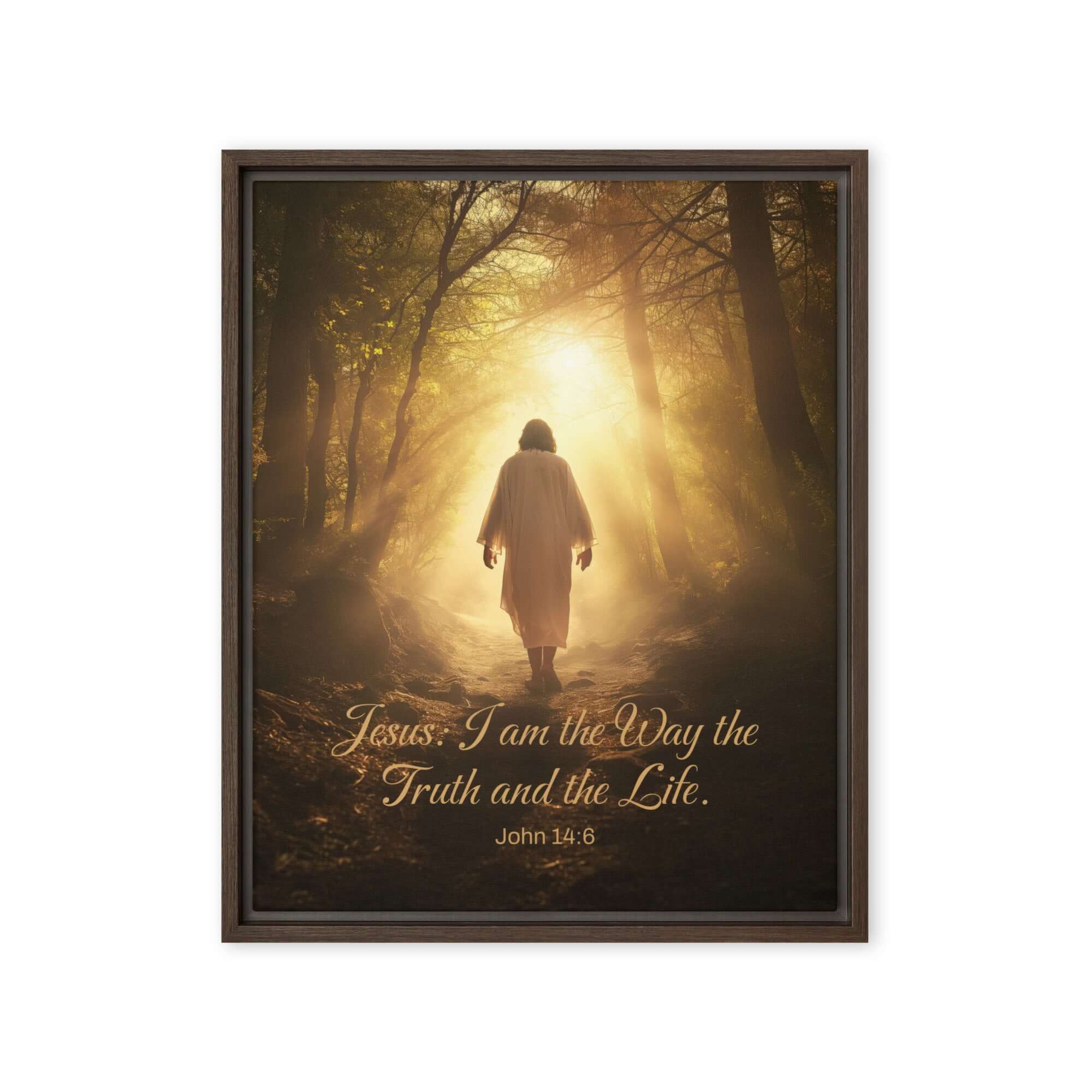 John 14:6 Bible Verse, Forest Image Framed Canvas Print Wall Art Brown 16″×20″