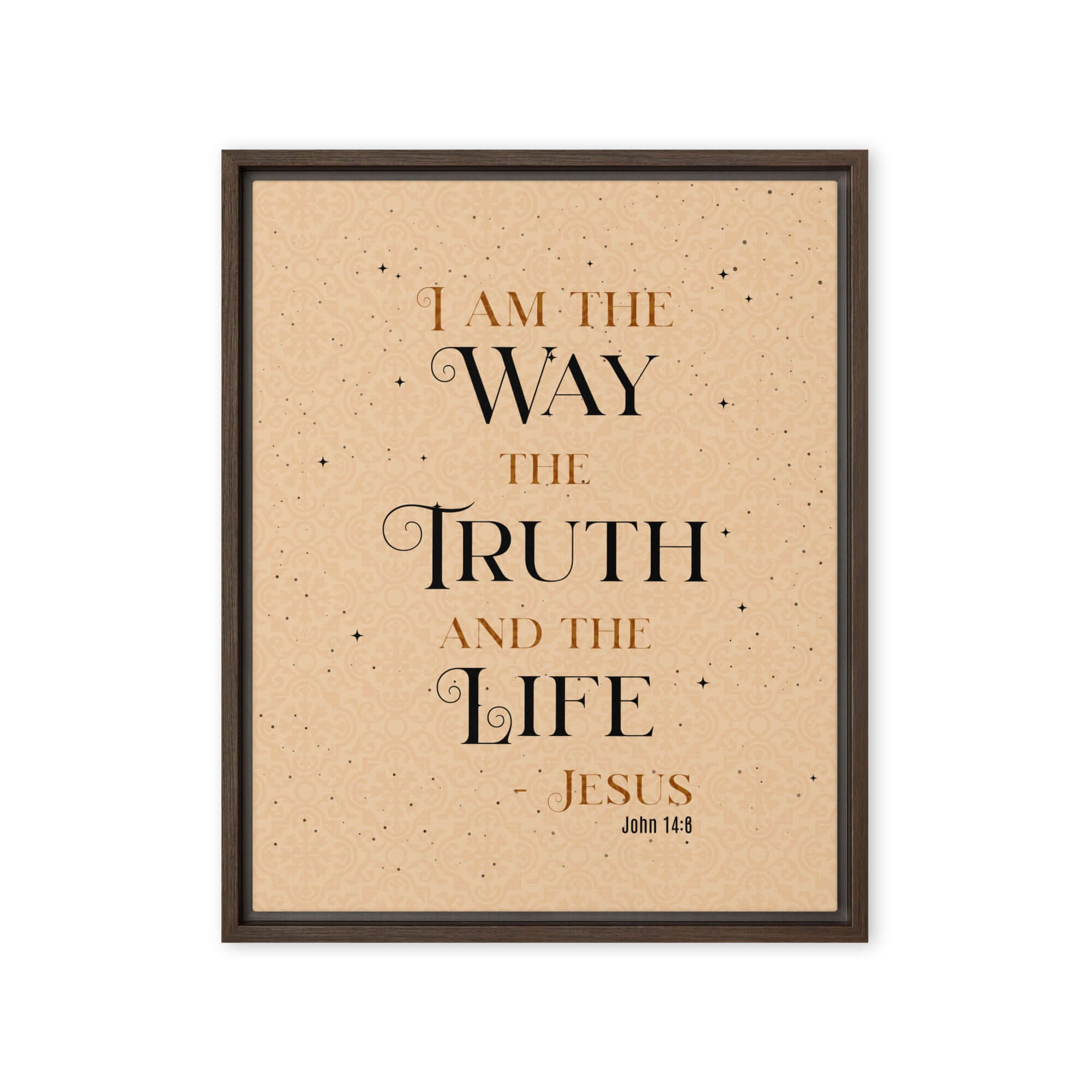 John 14:6 Bible Verse, Color Text Brown Background Framed Canvas Print Wall Art Brown 16″×20″