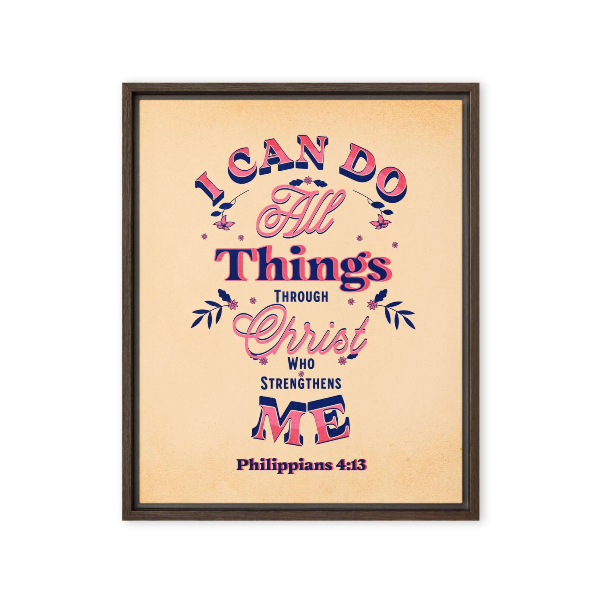 Philippians 4:13 Bible Verse, Christ Strengthens Me Framed Canvas Print Wall Art Brown 16″×20″