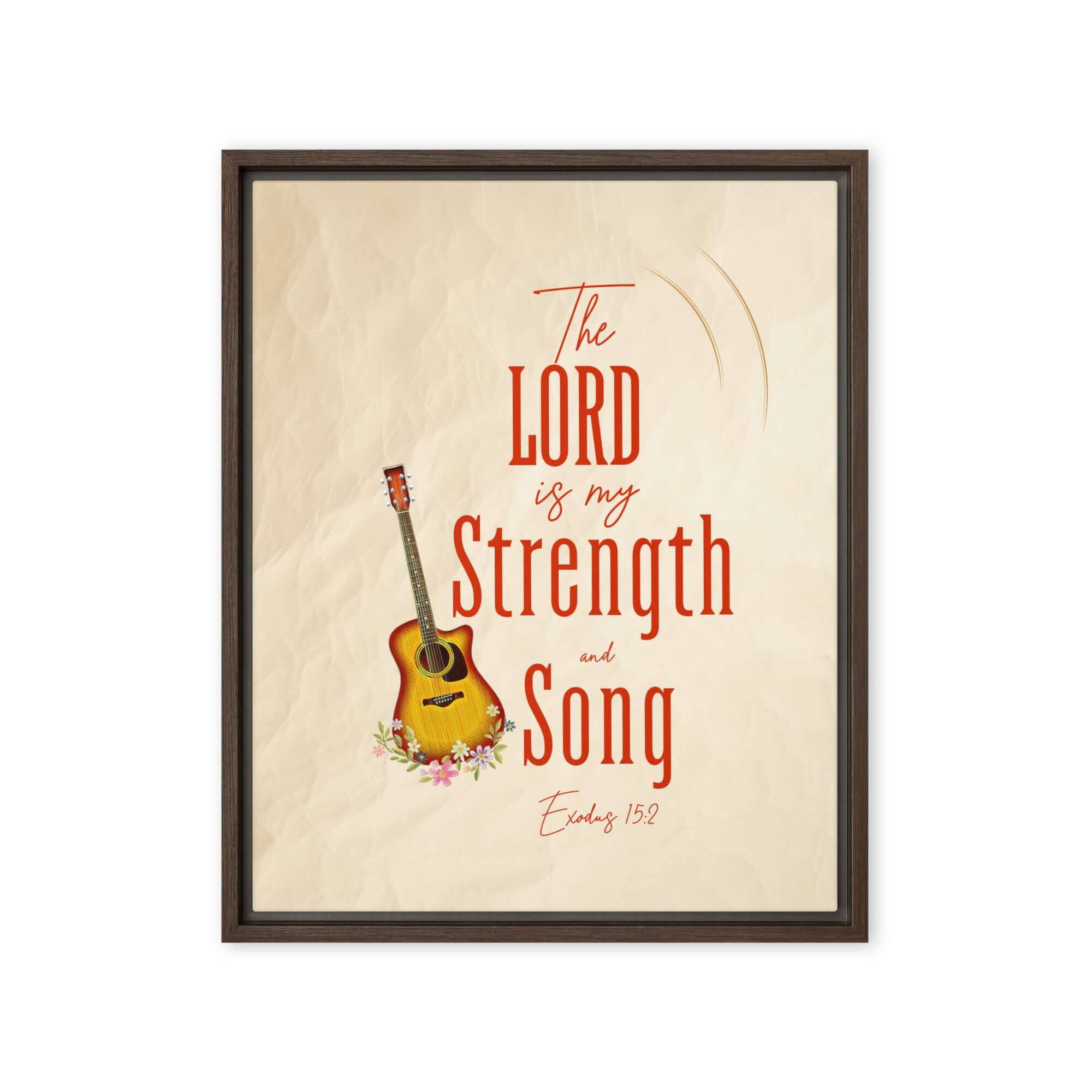 Exodus 15:2 Bible Verse, The LORD is my strength Framed Canvas Print Wall Art Brown 16″×20″
