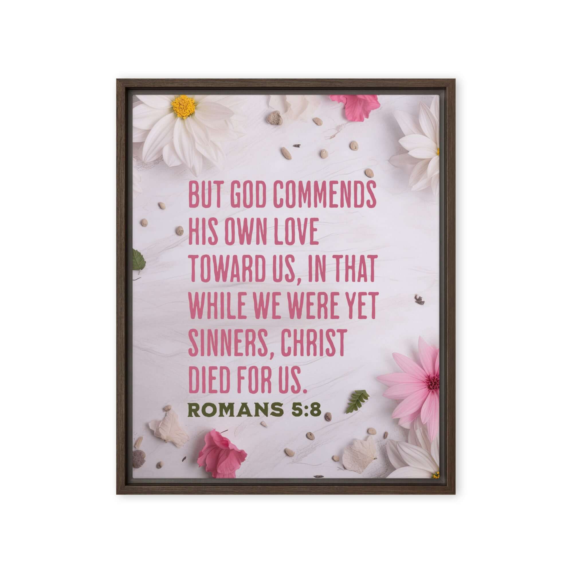 Romans 5:8 Bible Verse, Christ Died for Us Framed Canvas Print Wall Art Brown 16″×20″