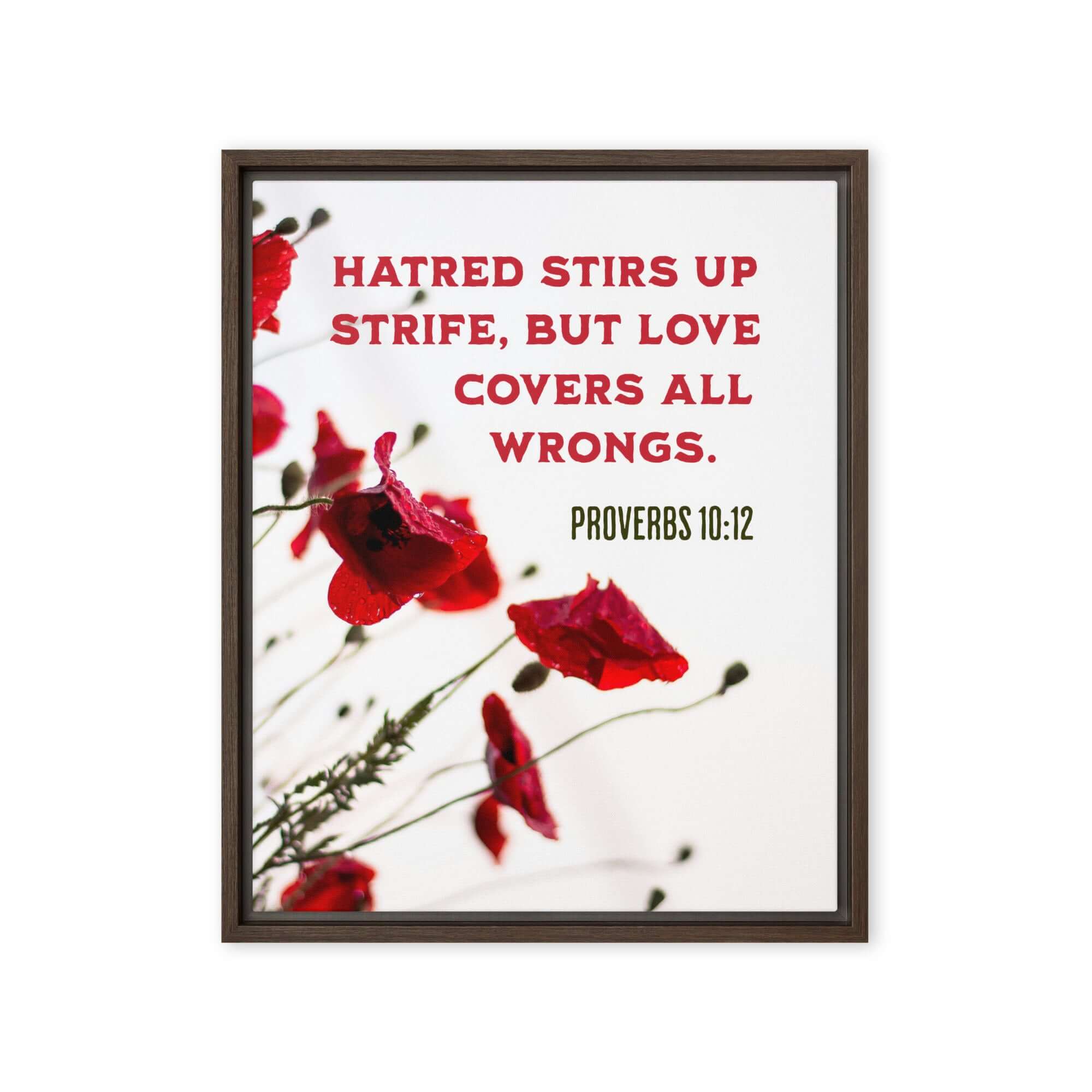 Proverbs 10:12 Bible Verse, Love Covers All Framed Canvas Print Wall Art Brown 16″×20″