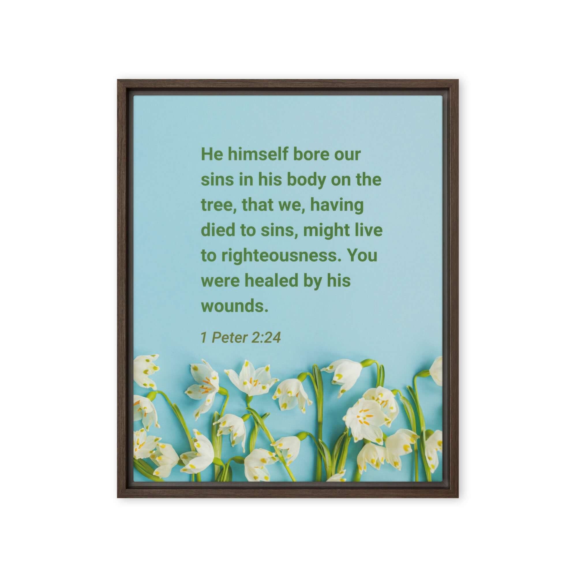 1 Peter 2:24 Bible Verse, healed by His wounds Framed Canvas Print Wall Art Brown 16″×20″