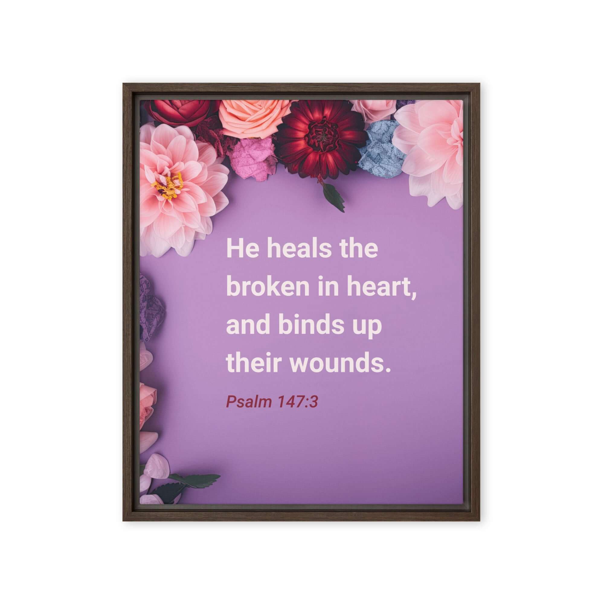 Psalm 147:3 Bible Verse, He heals the broken Framed Canvas Print Wall Art Brown 16″×20″