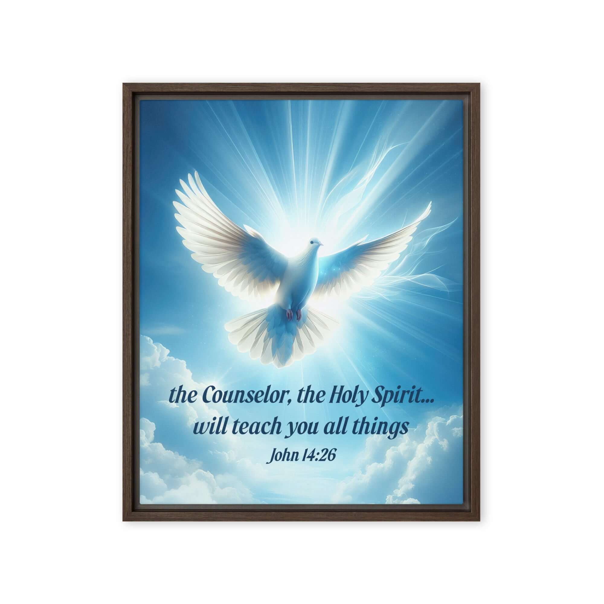 John 14:26 Bible Verse, Holy Spirit Dove Framed Canvas Print Wall Art Brown 16″×20″
