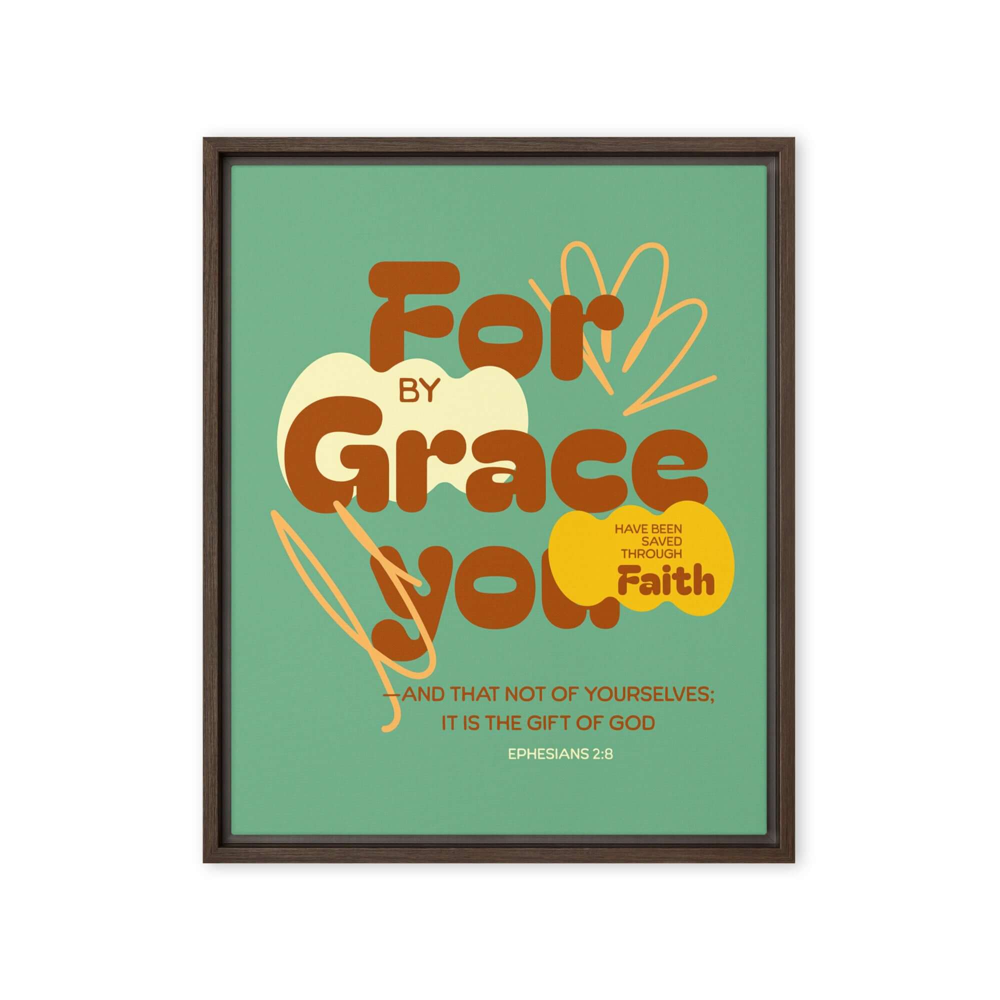 Ephesians 2:8 Bible Verse, for by grace Framed Canvas Print Wall Art Brown 16″×20″