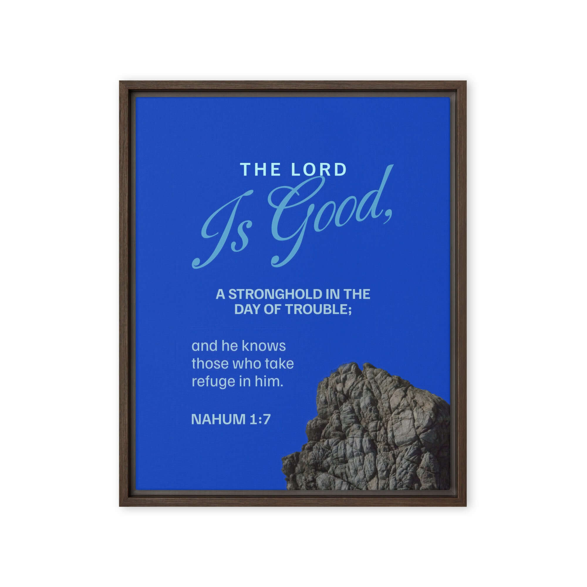 Nahum 1:7 Bible Verse, The LORD is a stronghold Framed Canvas Print Wall Art Brown 16″×20″