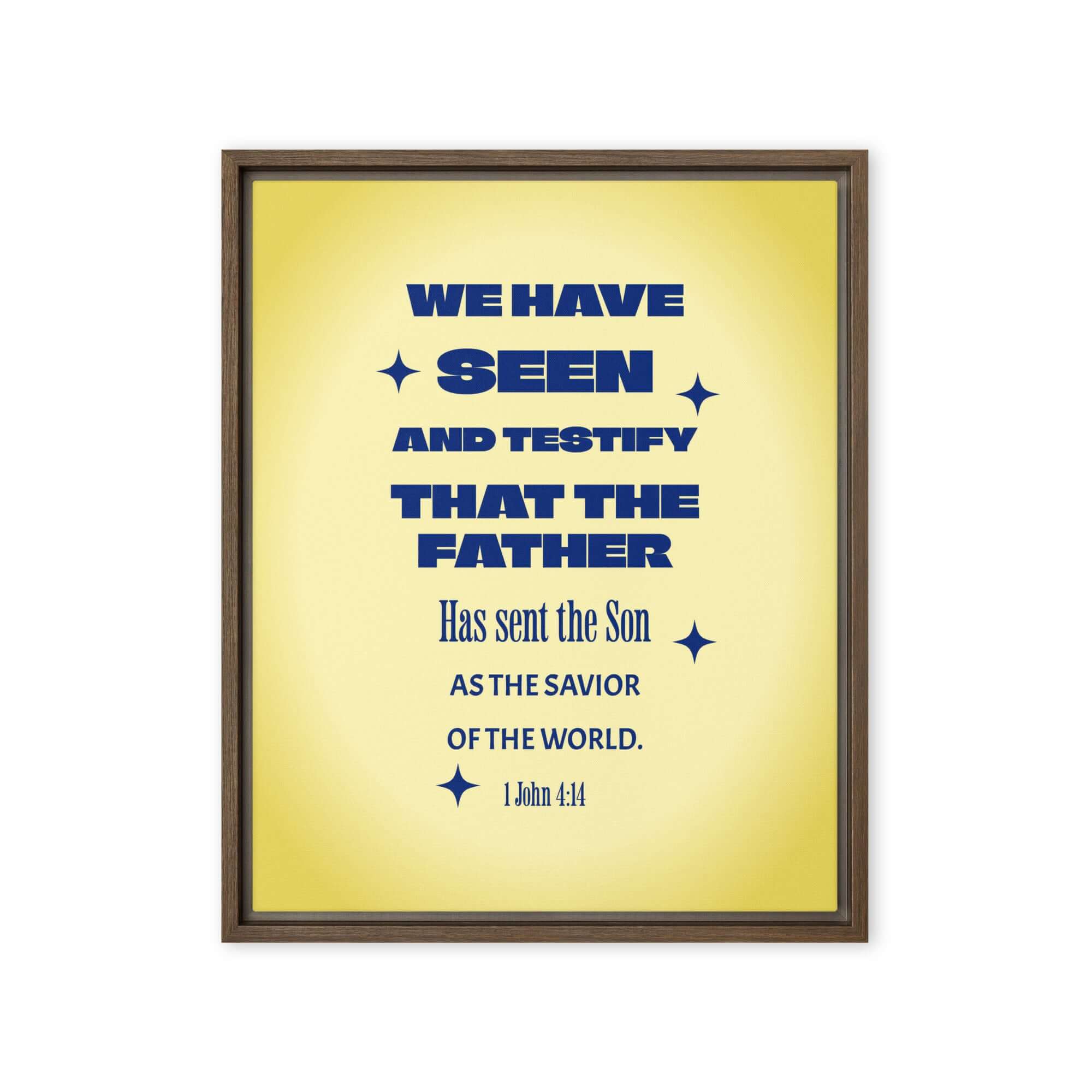 1 John 4:14 Bible Verse, Savior of the world Framed Canvas Print Wall Art Brown 16″×20″