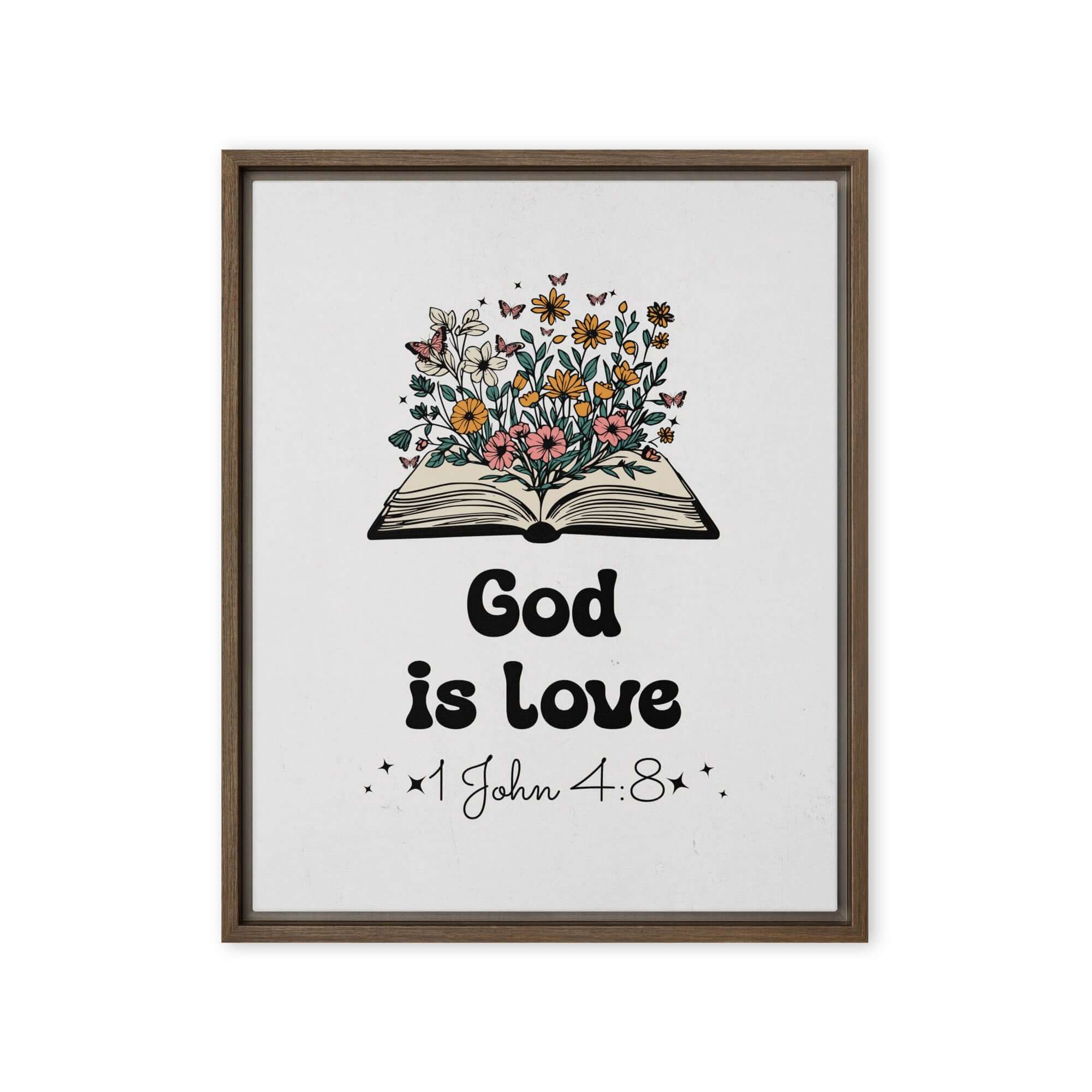 1 John 4:8 Bible Verse, God is Love Framed Canvas Print Wall Art Brown 16″×20″