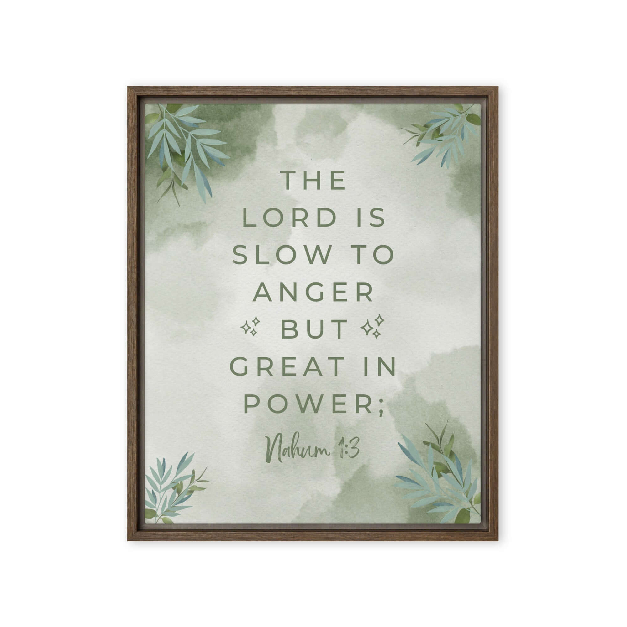 Nahum 1:3 Bible Verse, The Lord is slow Framed Canvas Print Wall Art Brown 16″×20″
