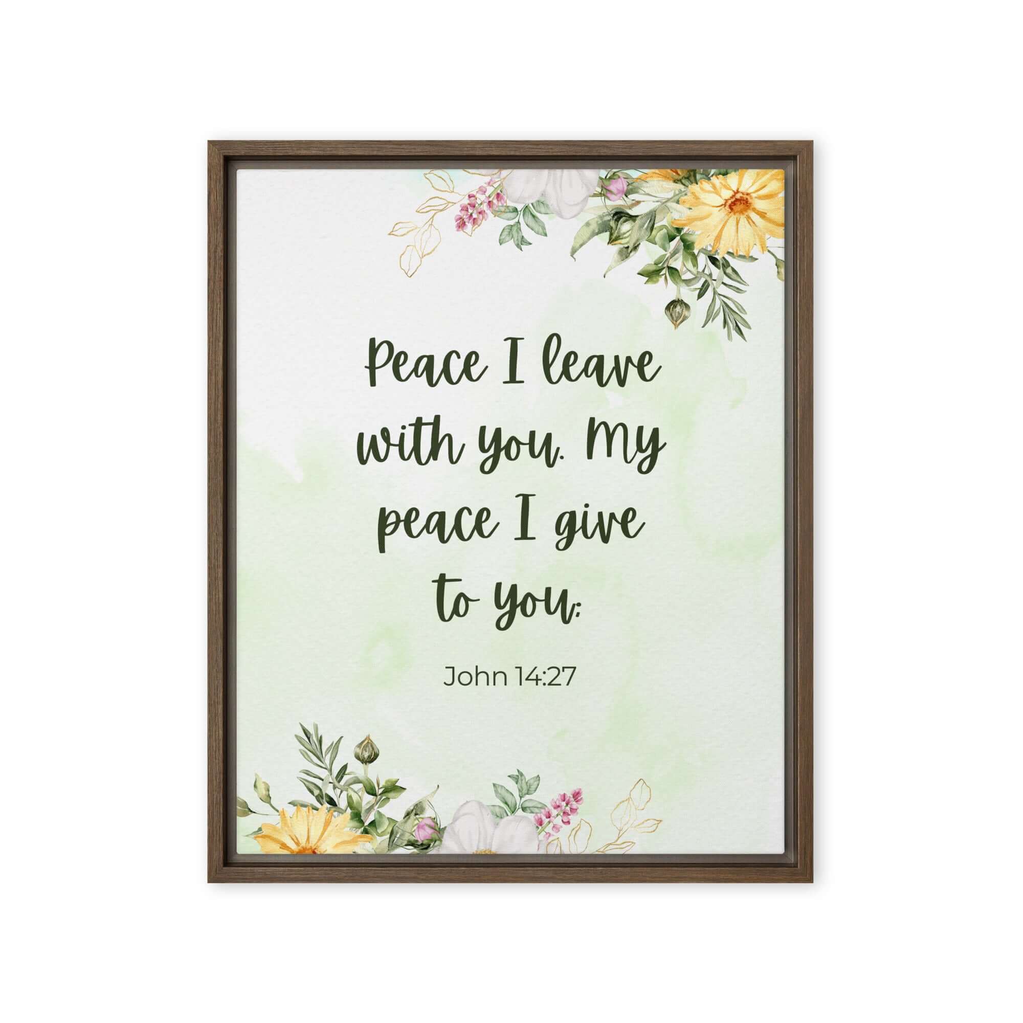 John 14:27 Bible Verse, My peace Framed Canvas Print Wall Art Brown 16″×20″