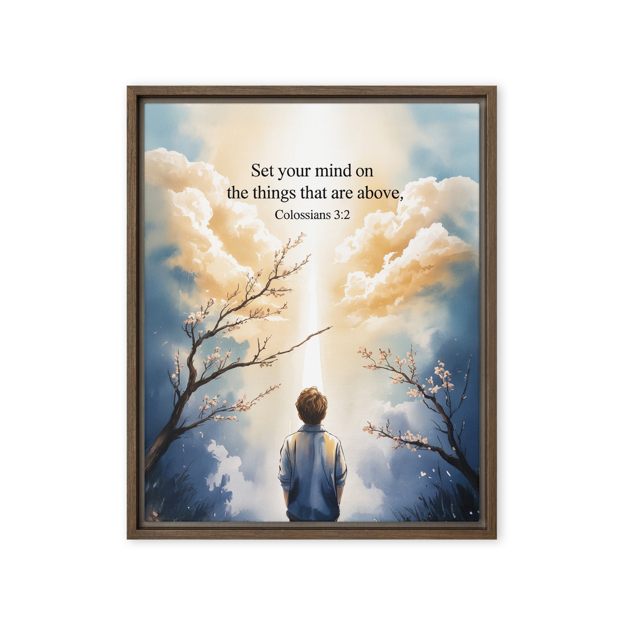 Colossians 3:2 Bible Verse the things Framed Canvas Brown 16″×20″