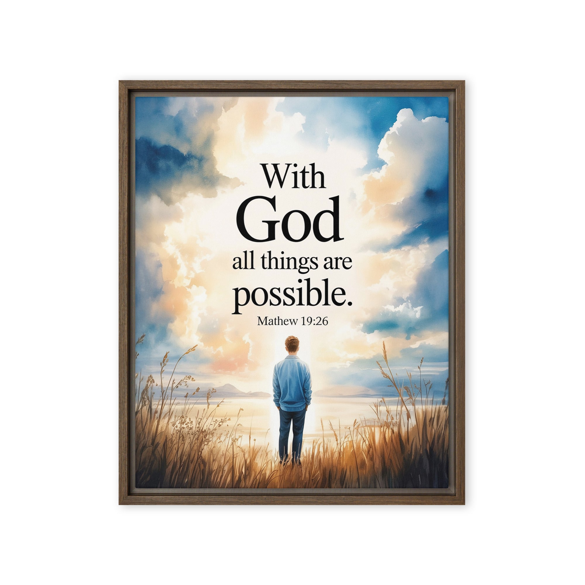 Matthew 19:26 Bible Verse Jesus Framed Canvas Brown 16″×20″