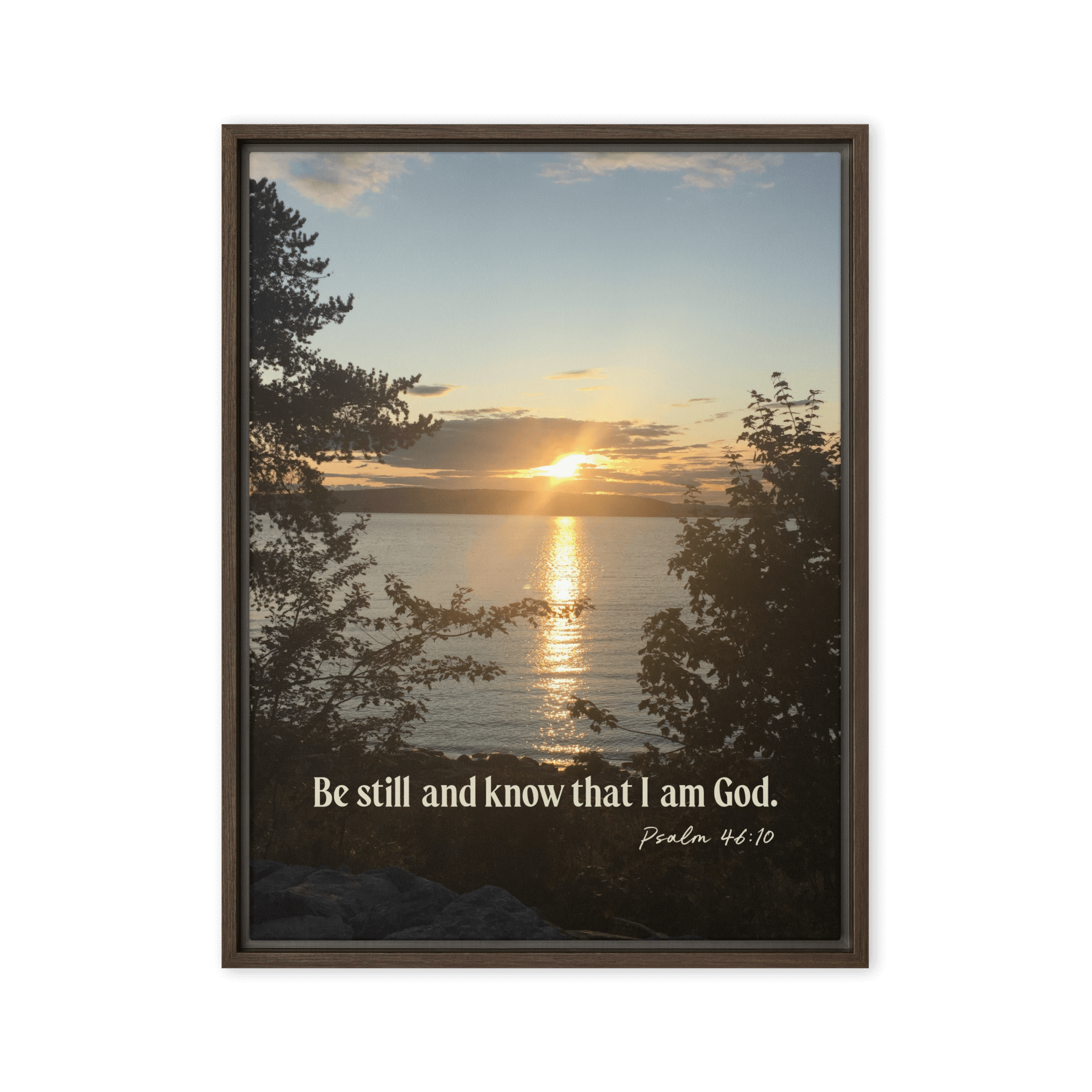 Psalm 46:10 Bible Verse, Sunset Glory Framed Canvas Print Wall Art Brown 18″×24″