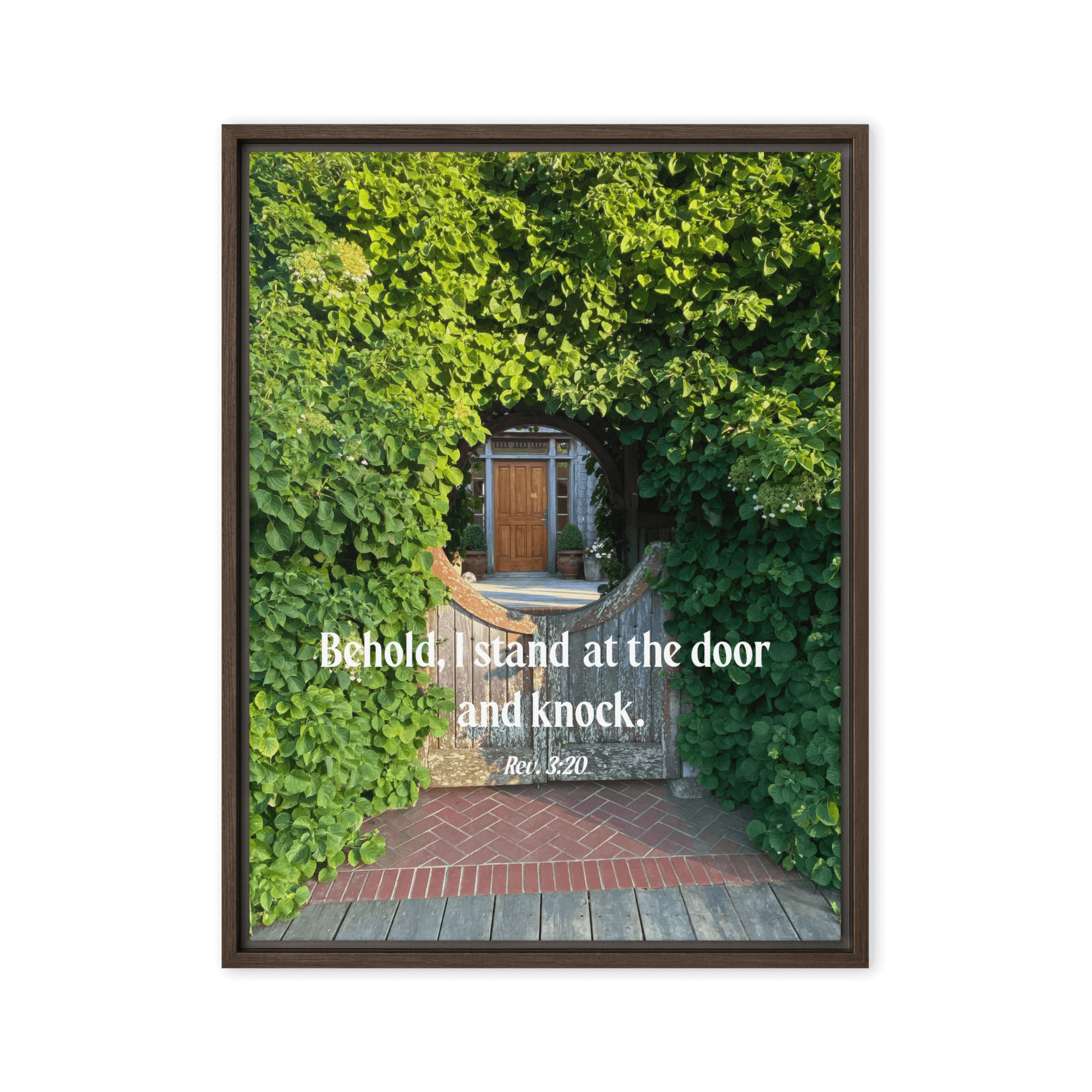 Revelation 3:20 Bible Verse, Garden Doorway Framed Canvas Print Wall Art Brown 18″×24″