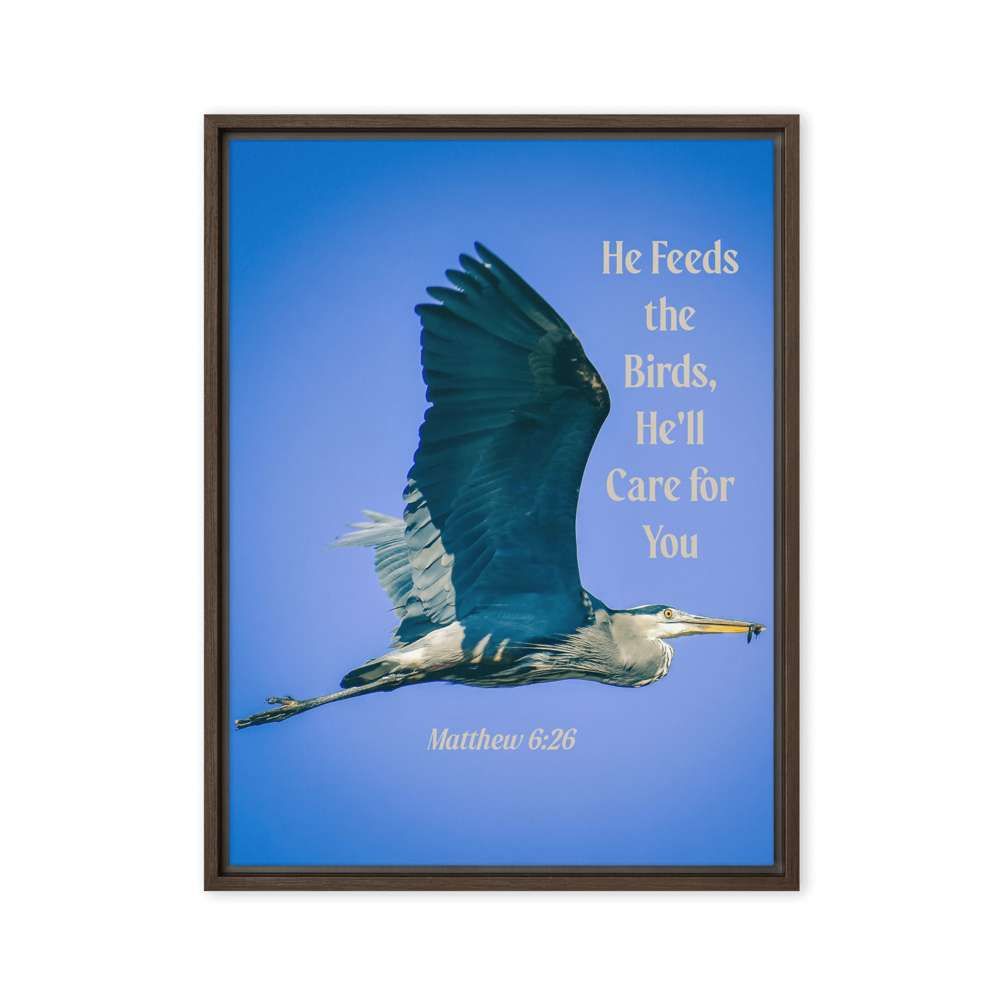 Matthew 6:26 Graceful Heron, He'll Care for You Framed Canvas Print Wall Art Brown 18″×24″