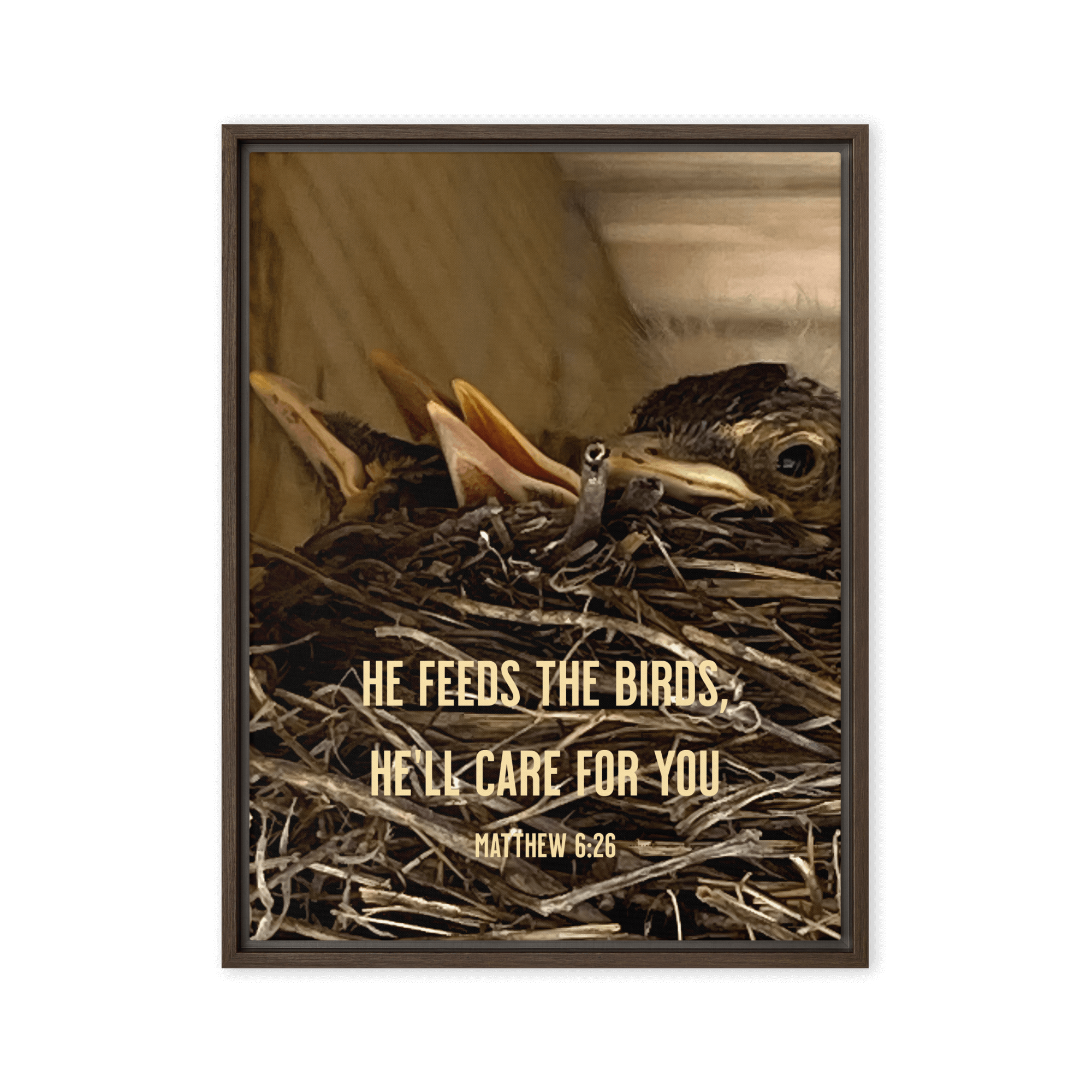 Matthew 6:26 Baby Robins, He'll Care for You Framed Canvas Print Wall Art Brown 18″×24″