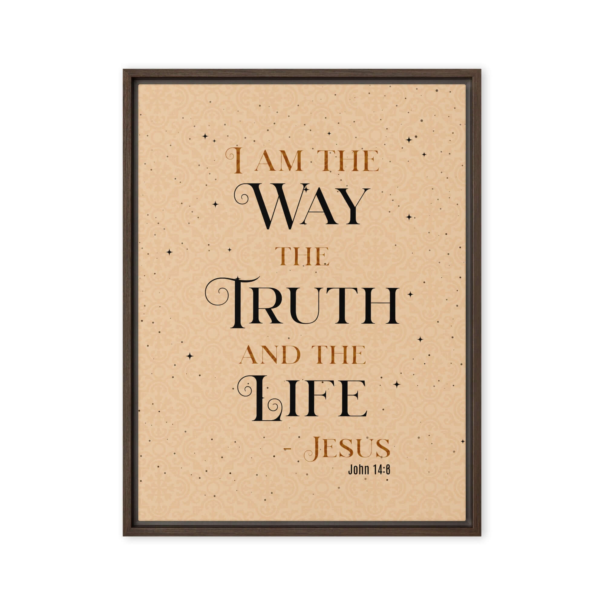 John 14:6 Bible Verse, Color Text Brown Background Framed Canvas Print Wall Art Brown 18″×24″