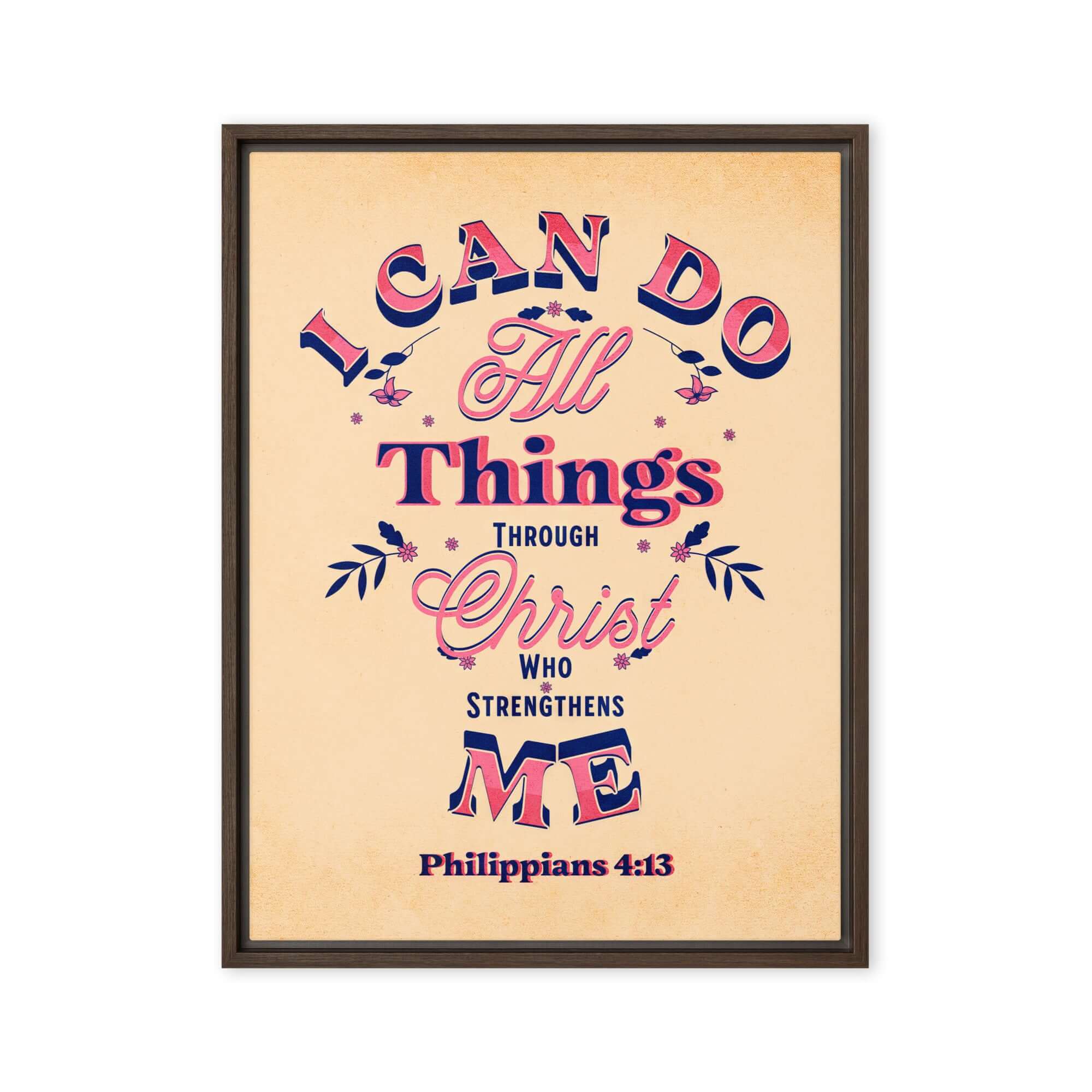 Philippians 4:13 Bible Verse, Christ Strengthens Me Framed Canvas Print Wall Art Brown 18″×24″
