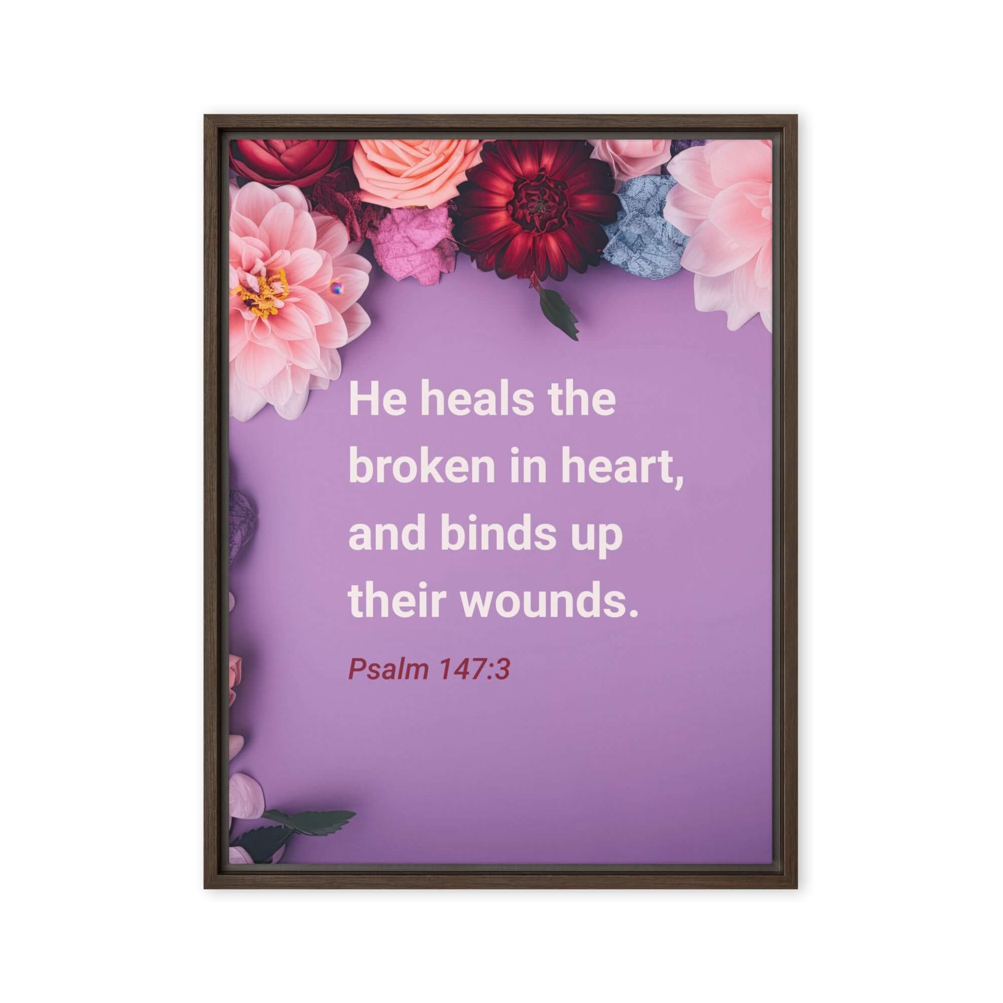 Psalm 147:3 Bible Verse, He heals the broken Framed Canvas Print Wall Art Brown 18″×24″