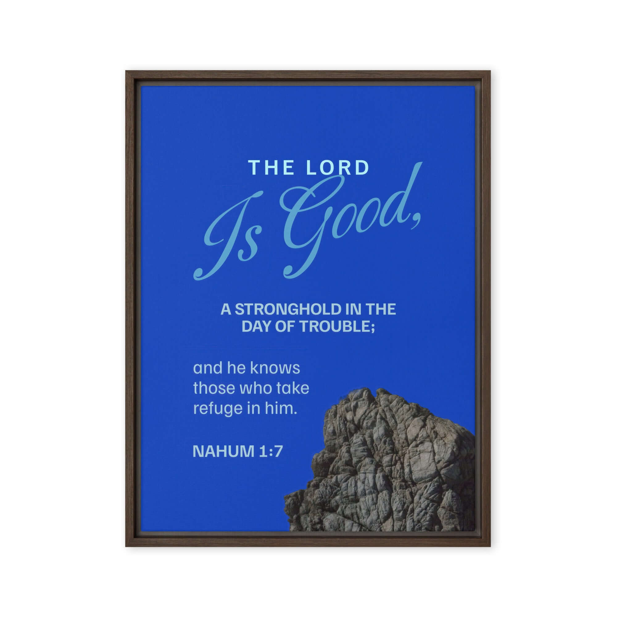 Nahum 1:7 Bible Verse, The LORD is a stronghold Framed Canvas Print Wall Art Brown 18″×24″