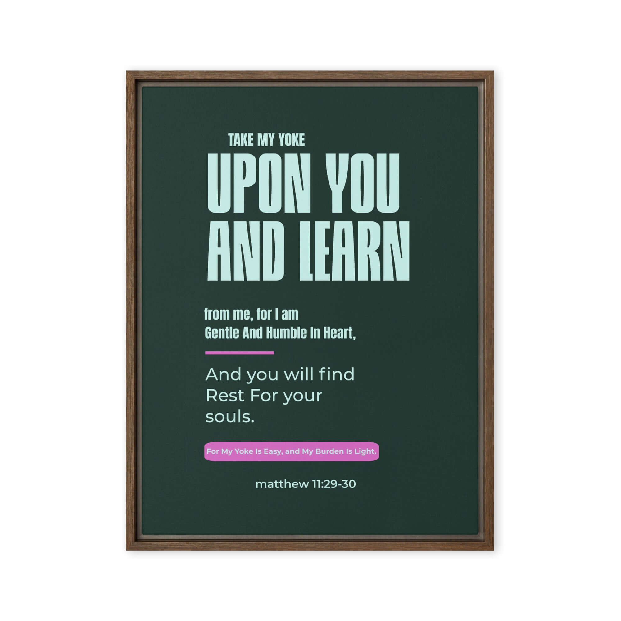 Matthew 11:29-30 Bible Verse, I am gentle Framed Canvas Print Wall Art Brown 18″×24″