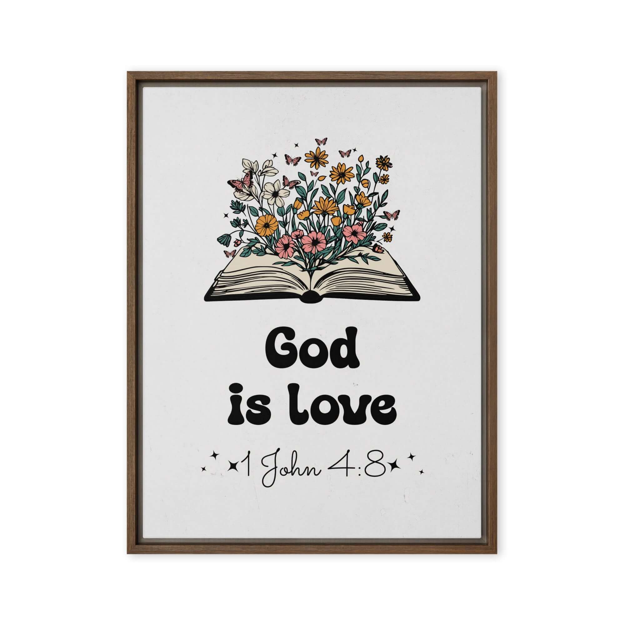 1 John 4:8 Bible Verse, God is Love Framed Canvas Print Wall Art Brown 18″×24″
