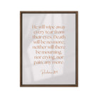 Revelation 21:4 Bible Verse, He will wipe Framed Canvas Print Wall Art Brown 18″×24″