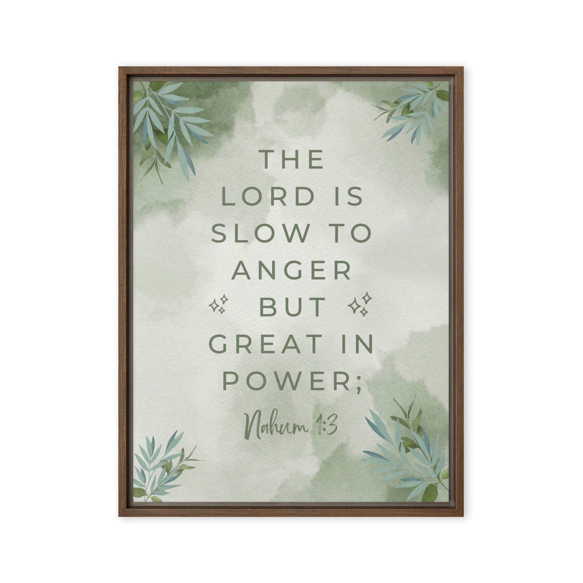 Nahum 1:3 Bible Verse, The Lord is slow Framed Canvas Print Wall Art Brown 18″×24″