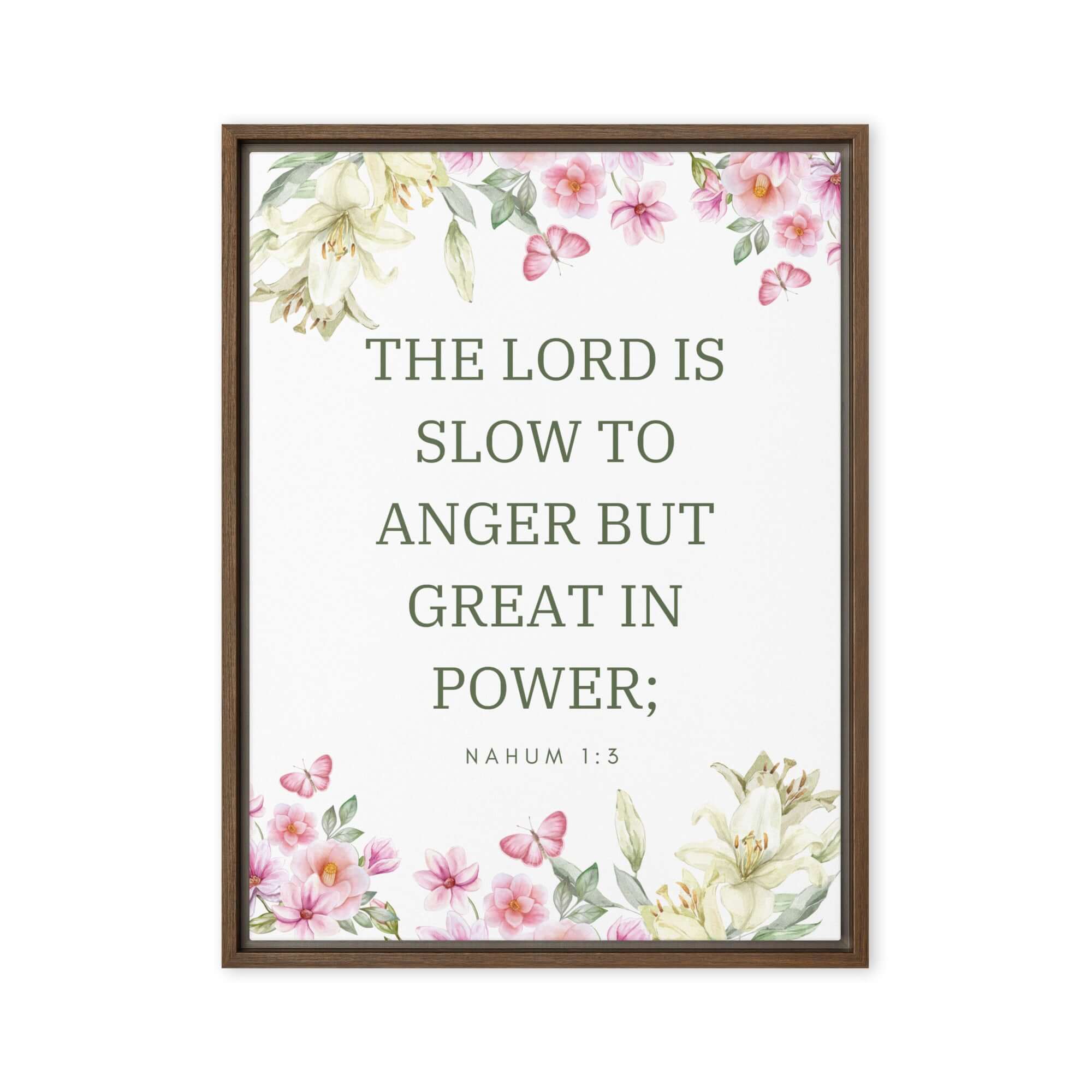 Nahum 1:3 Bible Verse, slow to anger Framed Canvas Print Wall Art Brown 18″×24″