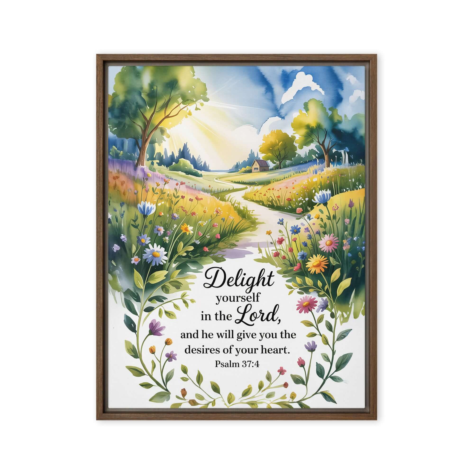 Psalm 37:4 Bible Verse, desires Framed Canvas Brown 18″×24″