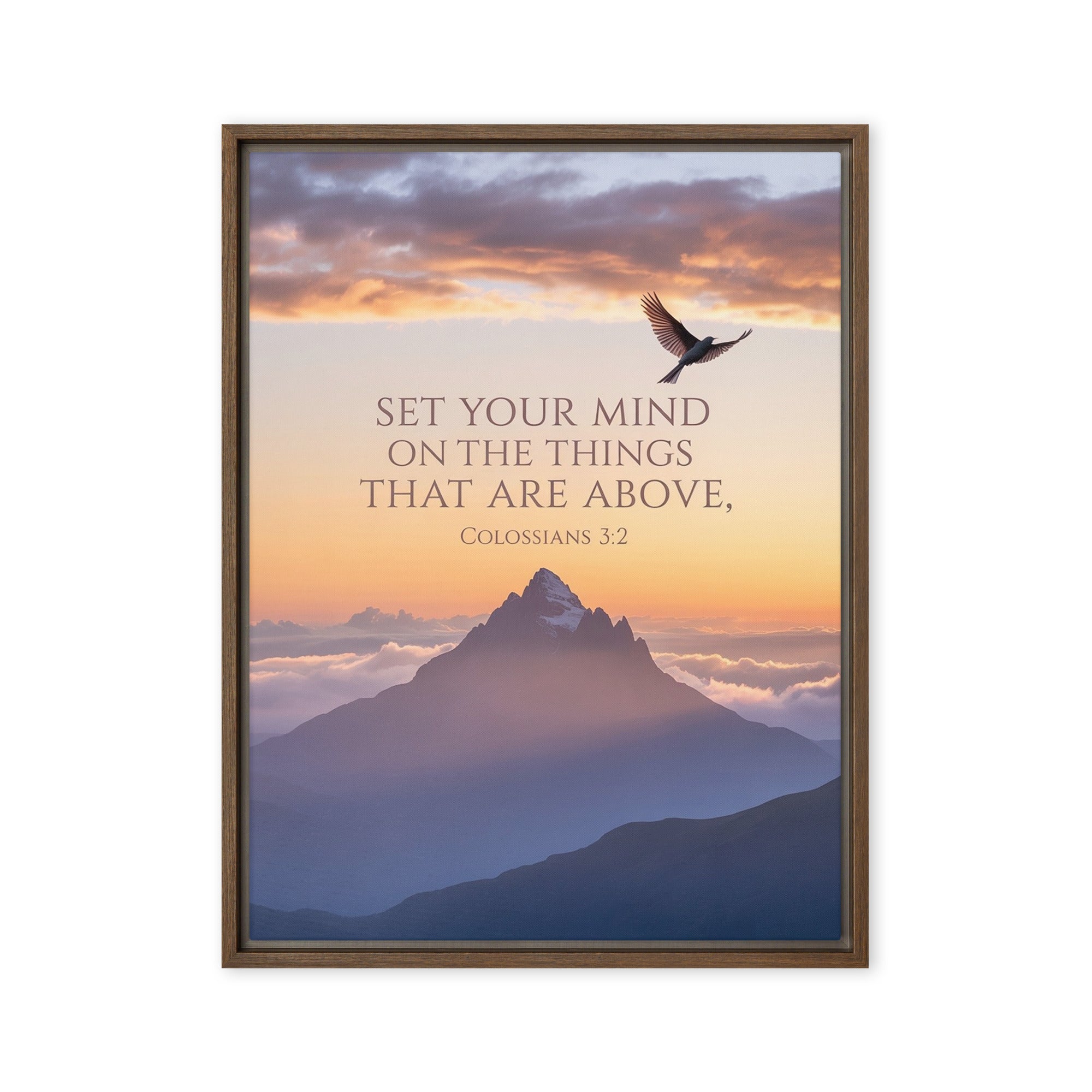 Colossians 3:2 Bible Verse are above Framed Canvas Brown 18″×24″