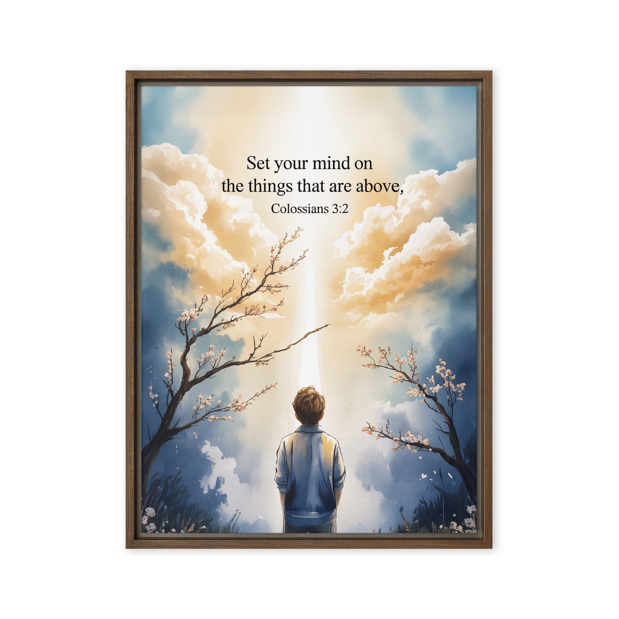 Colossians 3:2 Bible Verse the things Framed Canvas Brown 18″×24″