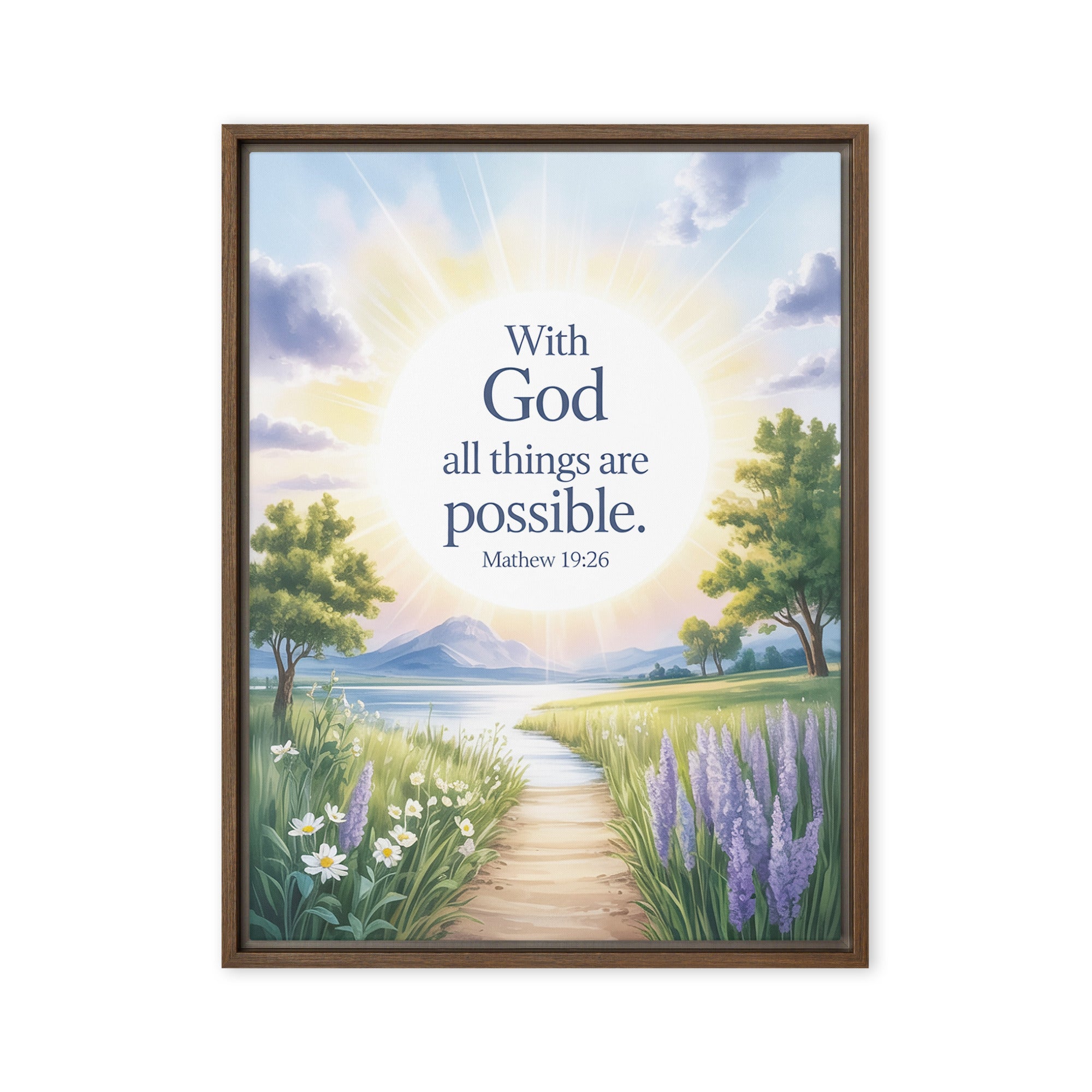 Matthew 19:26 Bible Verse Looking at Framed Canvas Brown 18″×24″