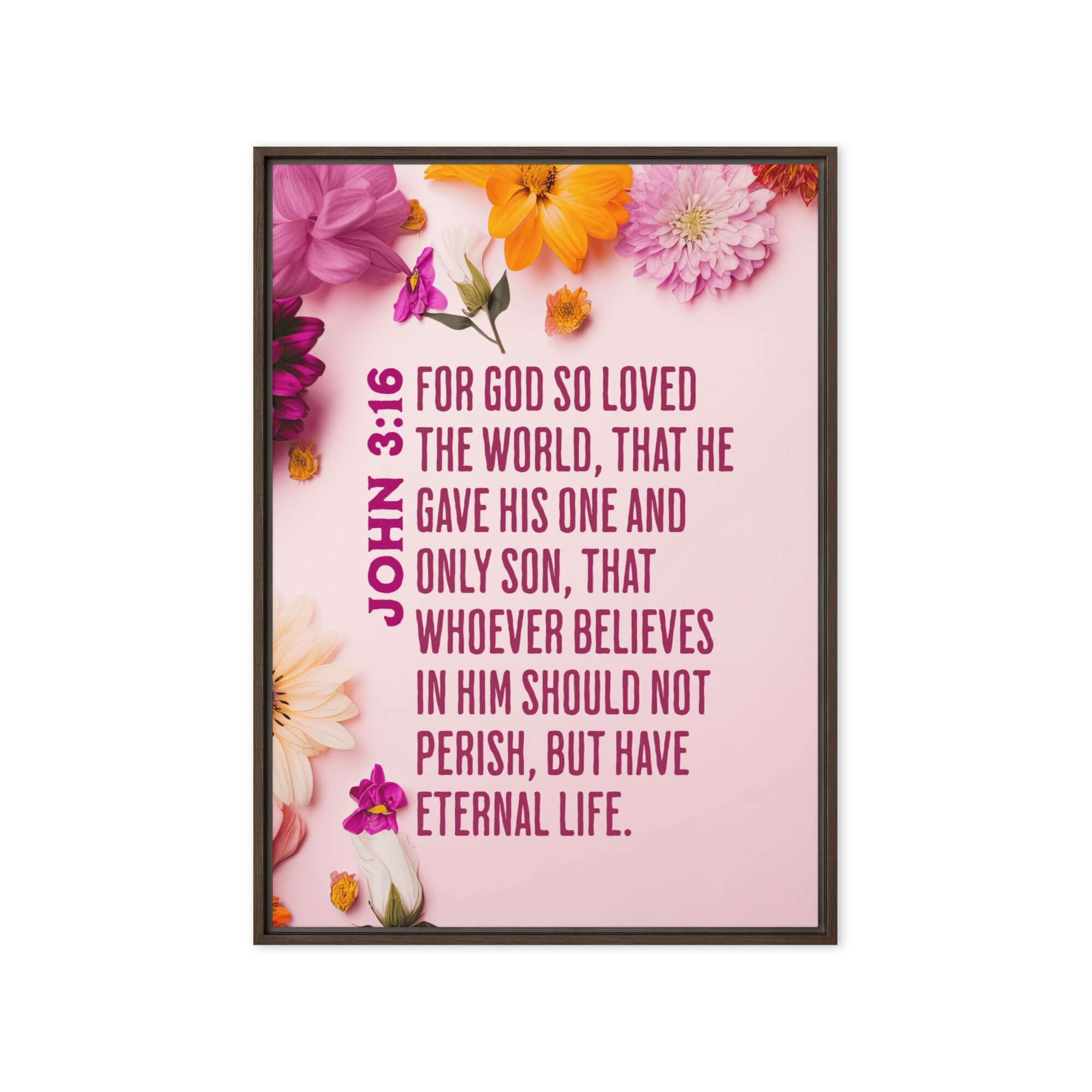 John 3:16 Bible Verse, For God So Loved Framed Canvas Print Wall Art Brown 20″×28″