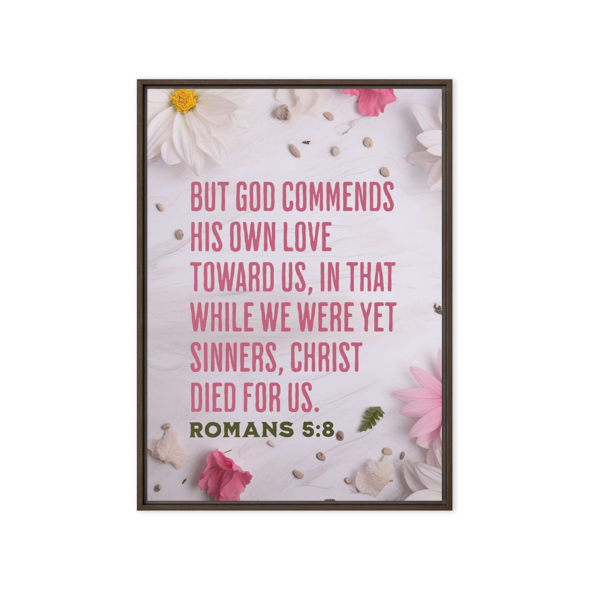 Romans 5:8 Bible Verse, Christ Died for Us Framed Canvas Print Wall Art Brown 20″×28″