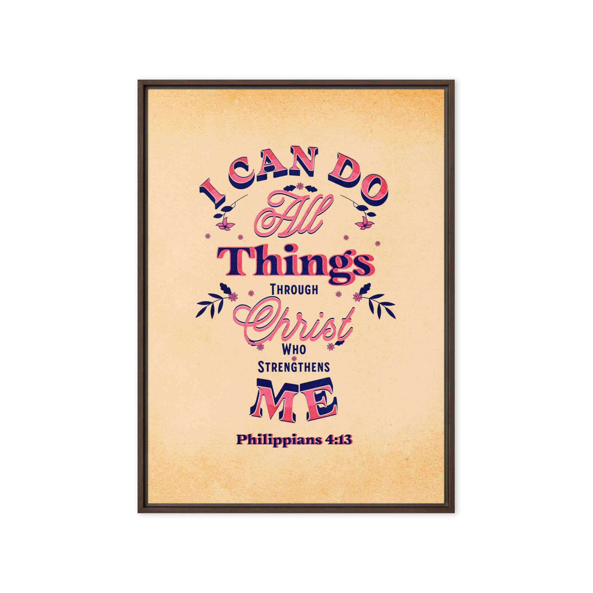Philippians 4:13 Bible Verse, Christ Strengthens Me Framed Canvas Print Wall Art Brown 20″×28″