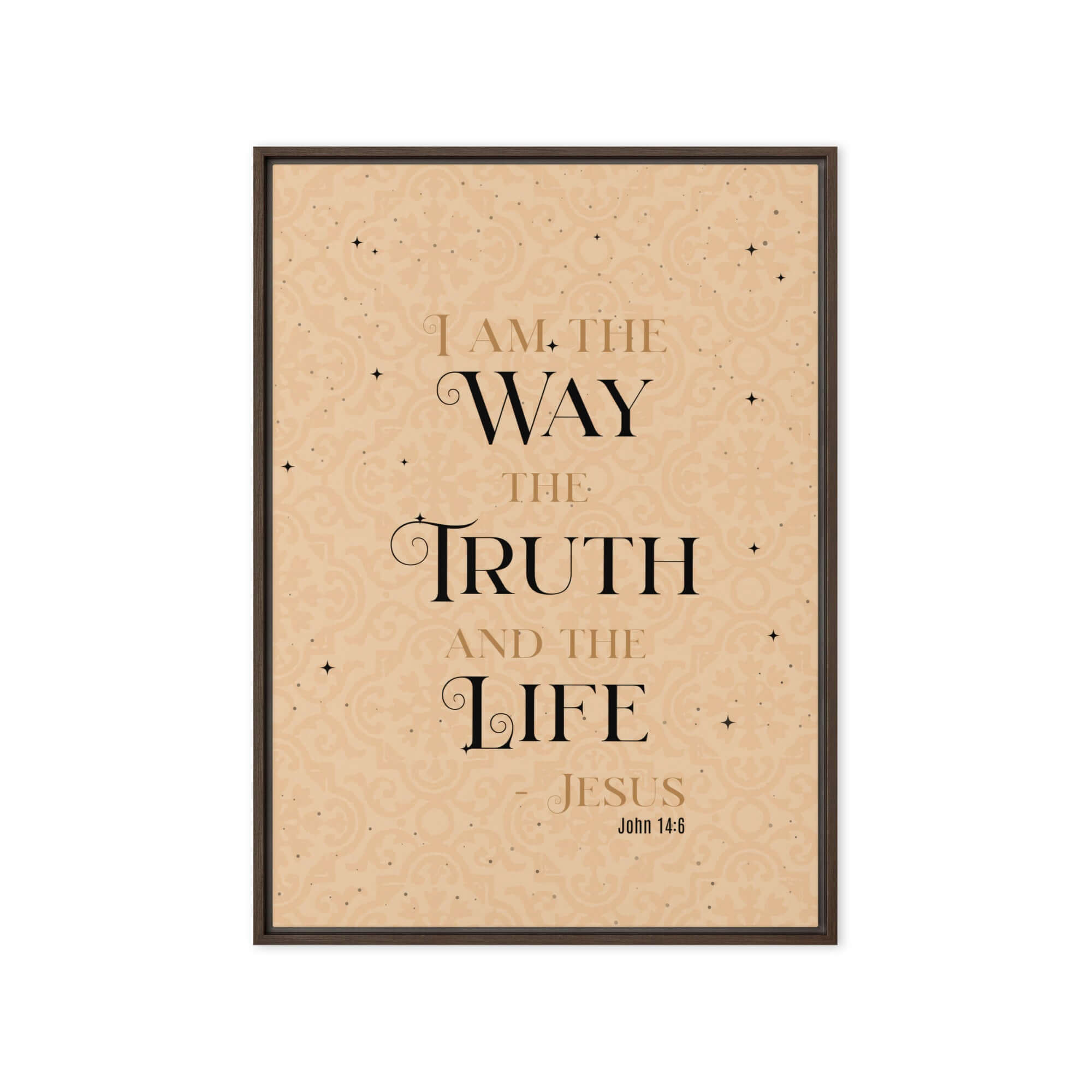 John 14:6 Bible Verse, Color Text Brown Background Framed Canvas Print Wall Art Brown 20″×28″