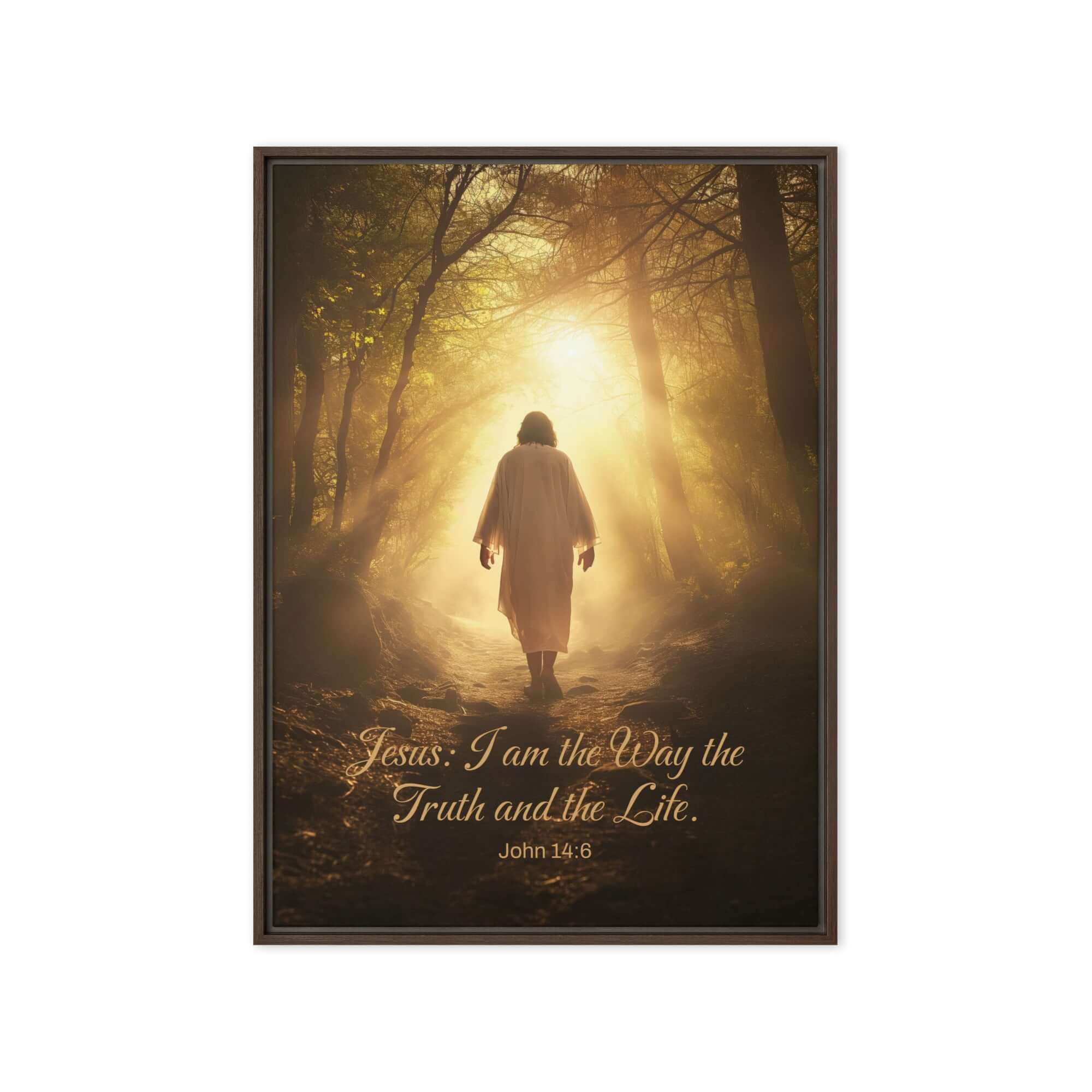 John 14:6 Bible Verse, Forest Image Framed Canvas Print Wall Art Brown 20″×28″