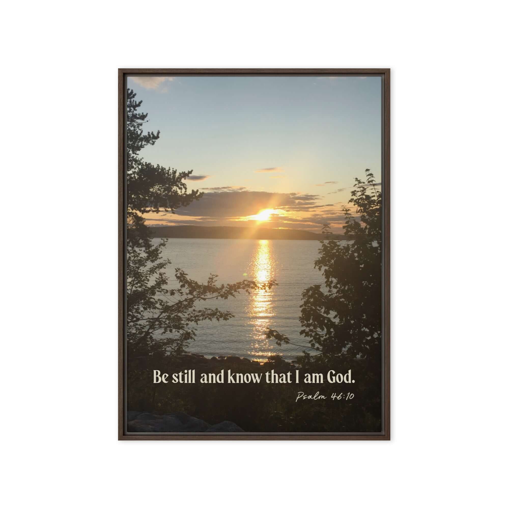 Psalm 46:10 Bible Verse, Sunset Glory Framed Canvas Print Wall Art Brown 20″×28″