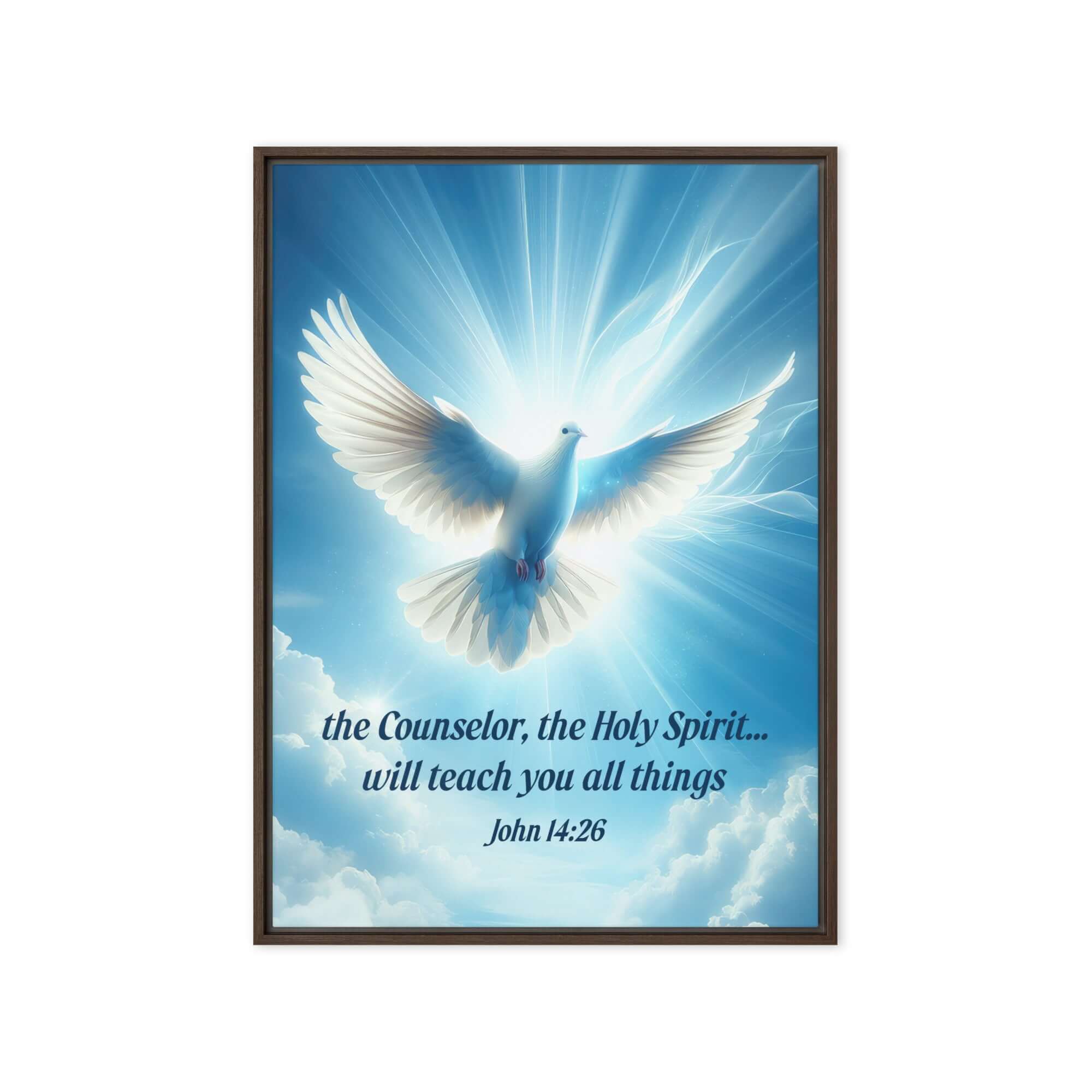 John 14:26 Bible Verse, Holy Spirit Dove Framed Canvas Print Wall Art Brown 20″×28″
