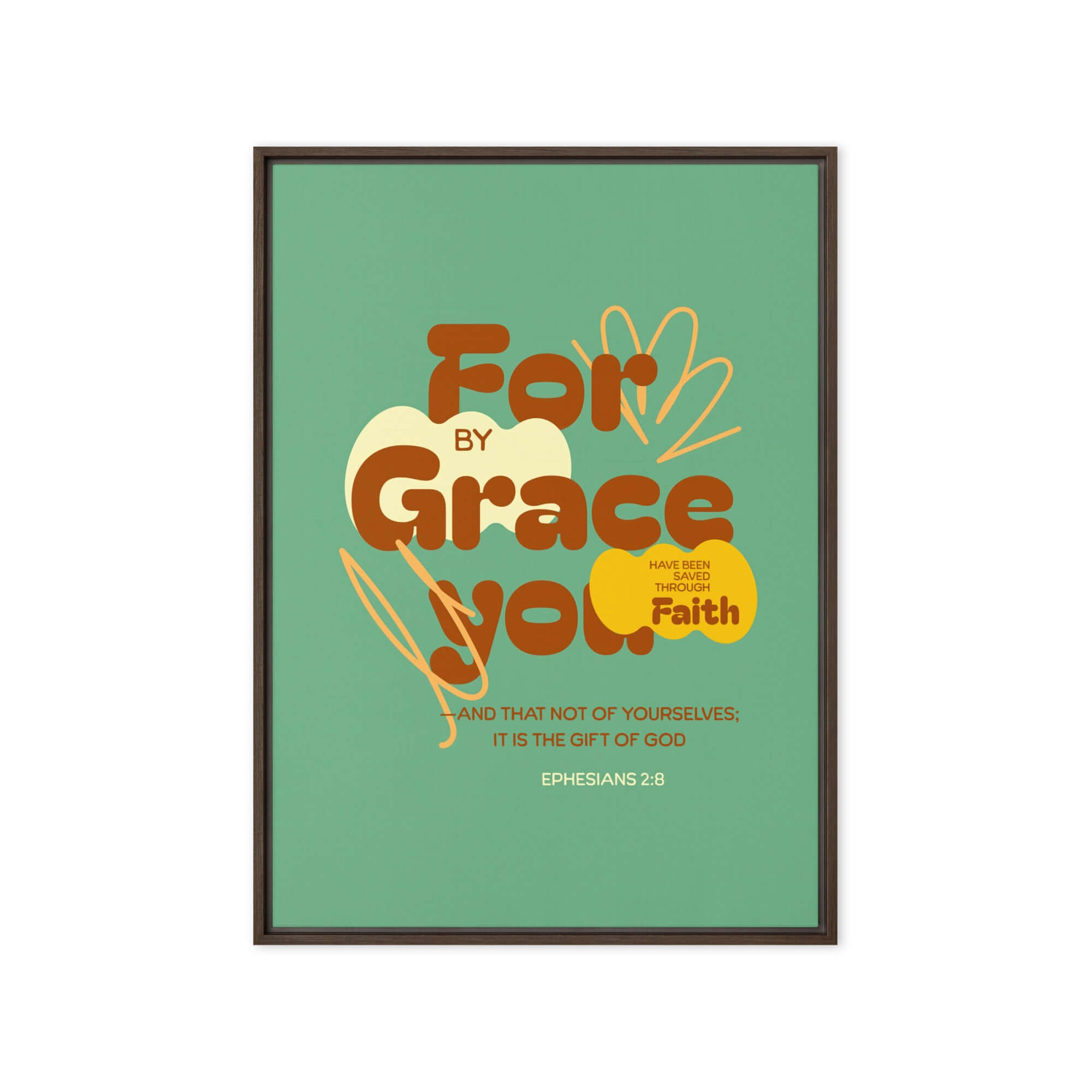 Ephesians 2:8 Bible Verse, for by grace Framed Canvas Print Wall Art Brown 20″×28″