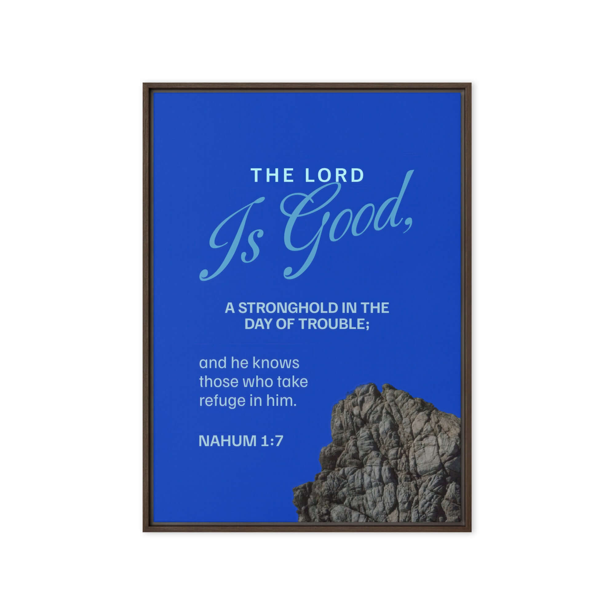 Nahum 1:7 Bible Verse, The LORD is a stronghold Framed Canvas Print Wall Art Brown 20″×28″