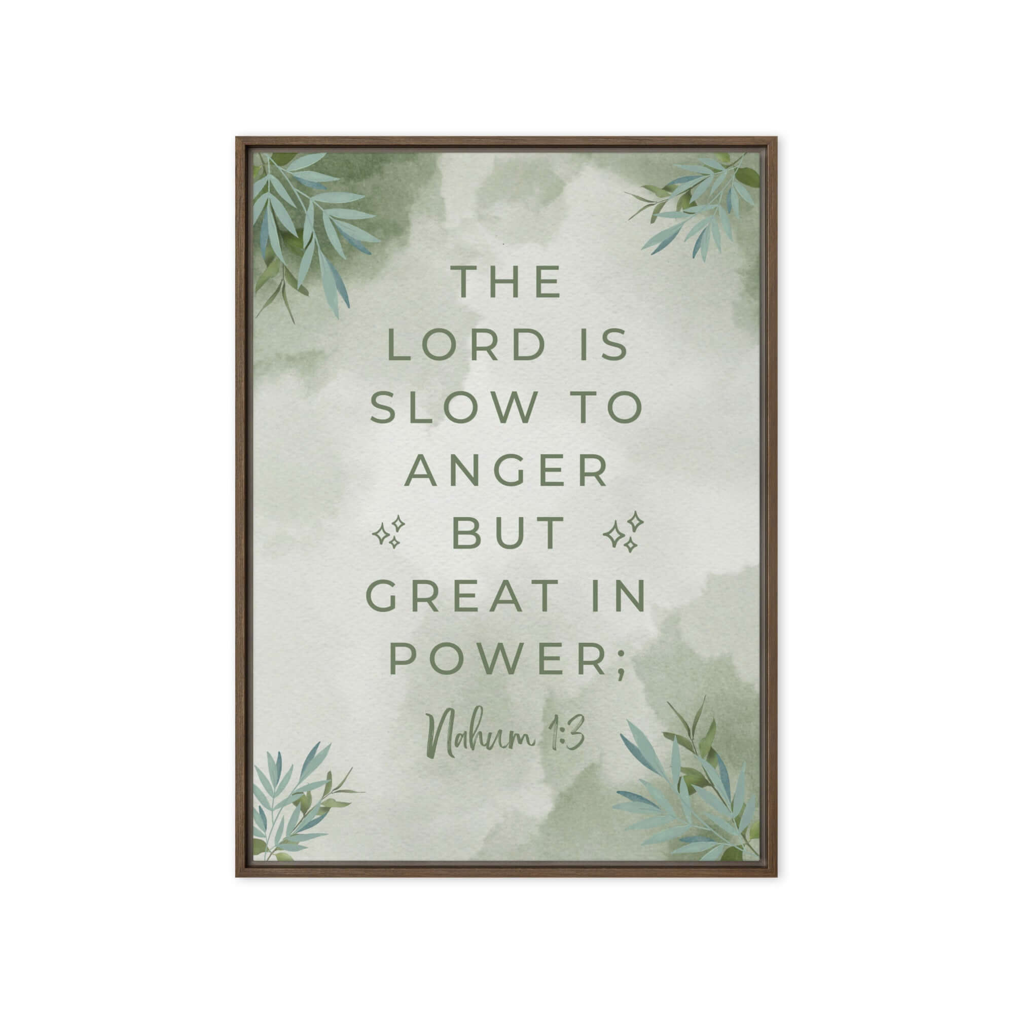 Nahum 1:3 Bible Verse, The Lord is slow Framed Canvas Print Wall Art Brown 20″×28″