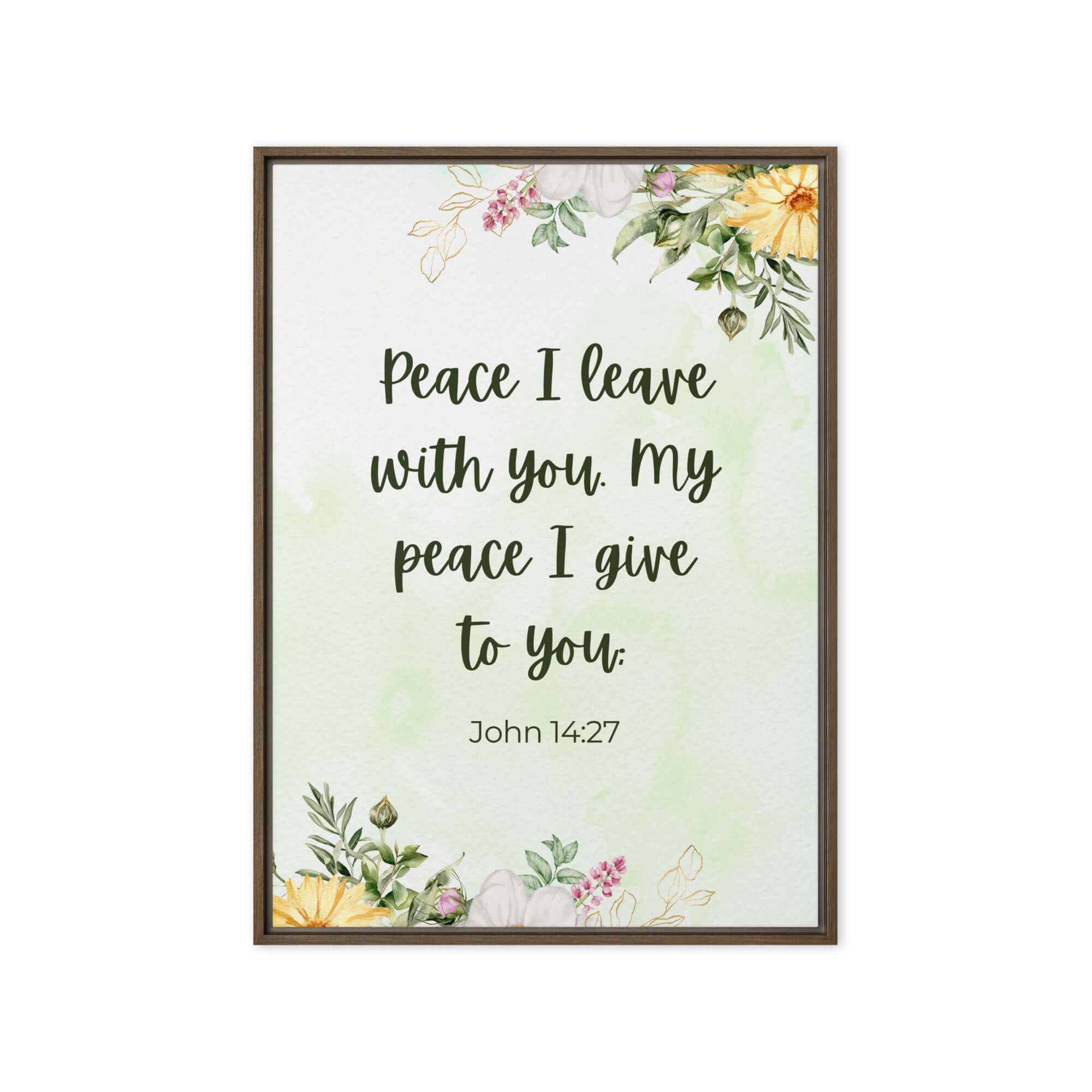 John 14:27 Bible Verse, My peace Framed Canvas Print Wall Art Brown 20″×28″